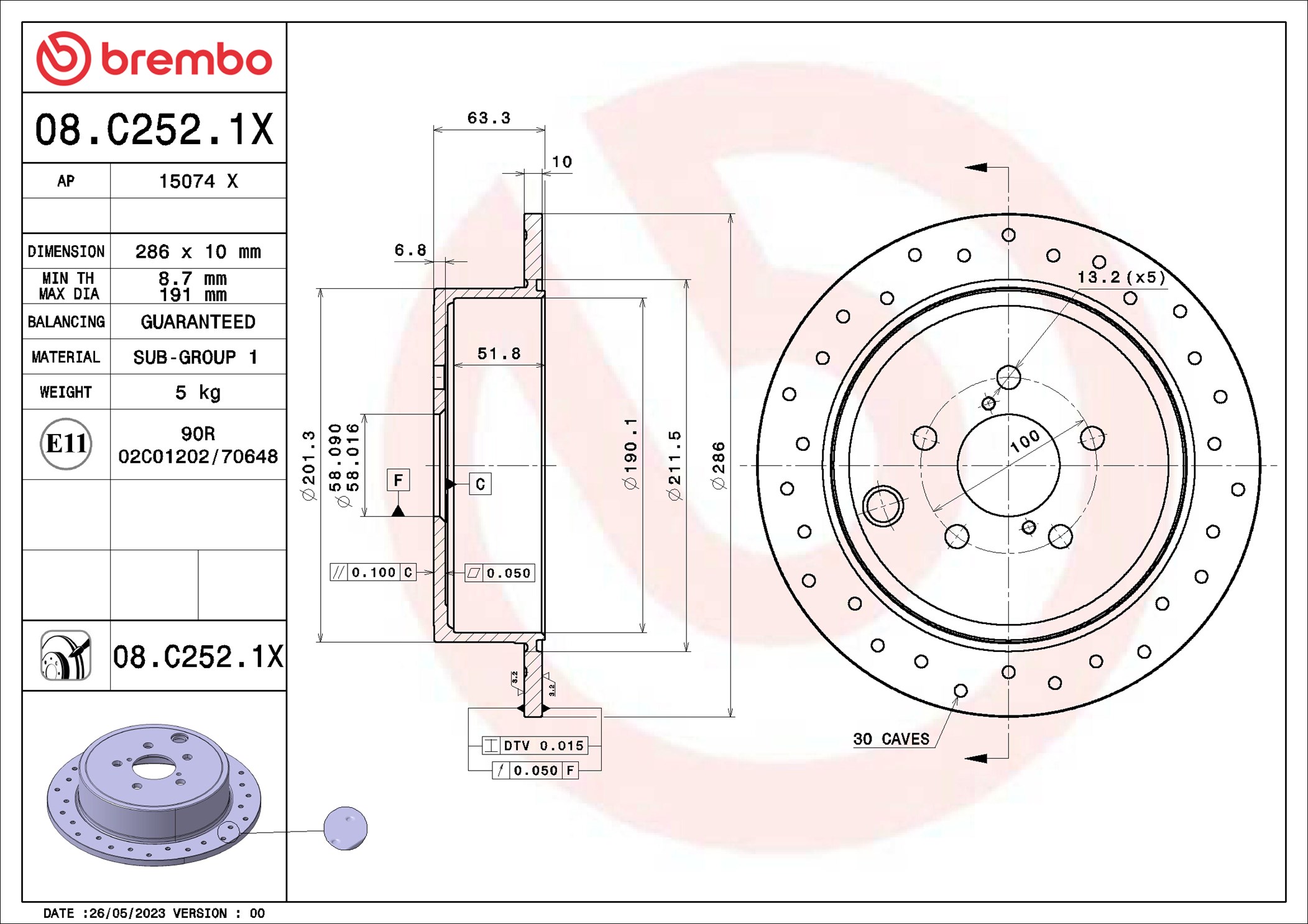 BREMBO Bremseskive 08c2521x perforeret 286mm 10mm for SUBARU TOYOTA