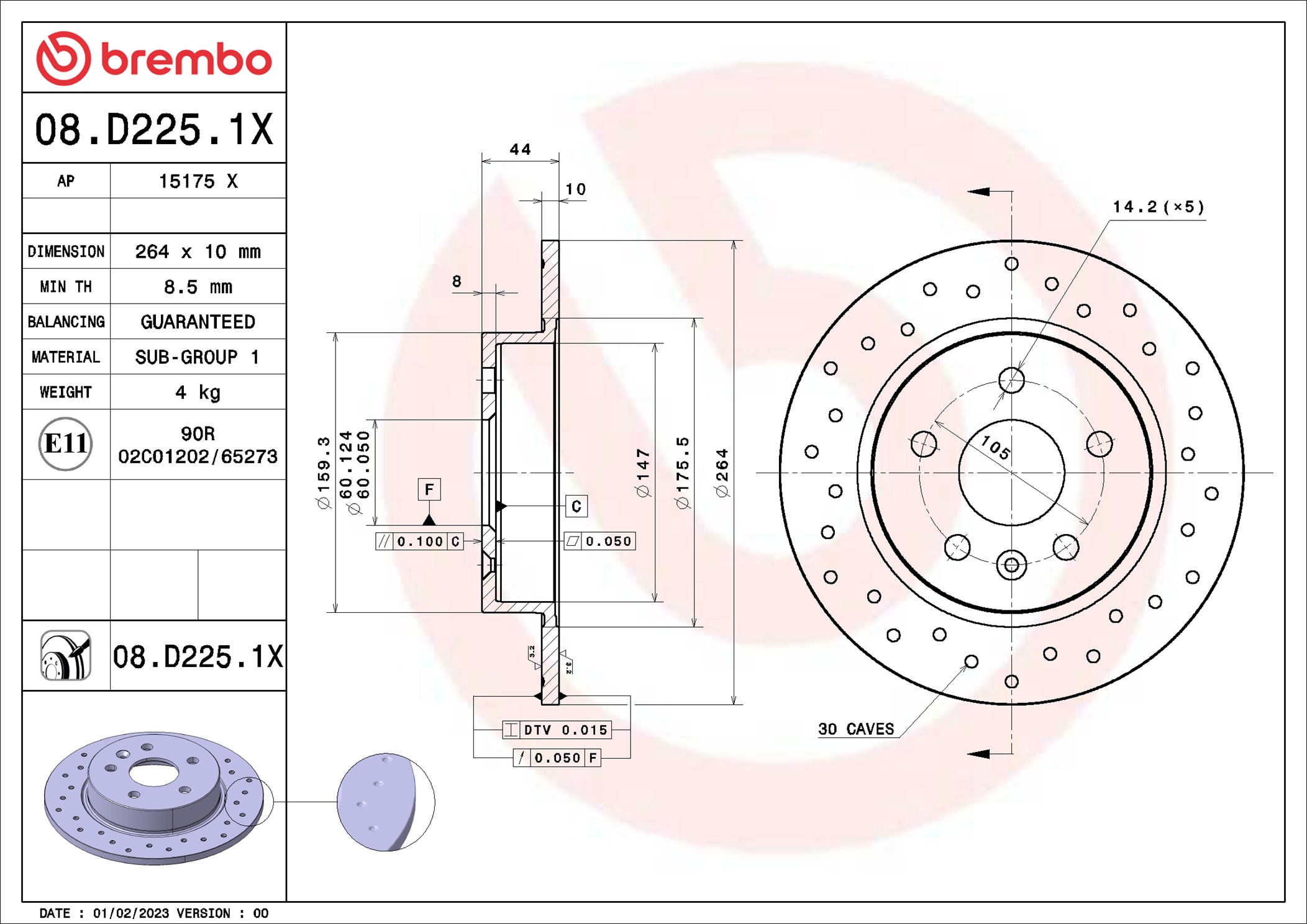 BREMBO Bremseskive 08d2251x perforeret 264mm 10mm for OPEL CHEVROLET (SGM)