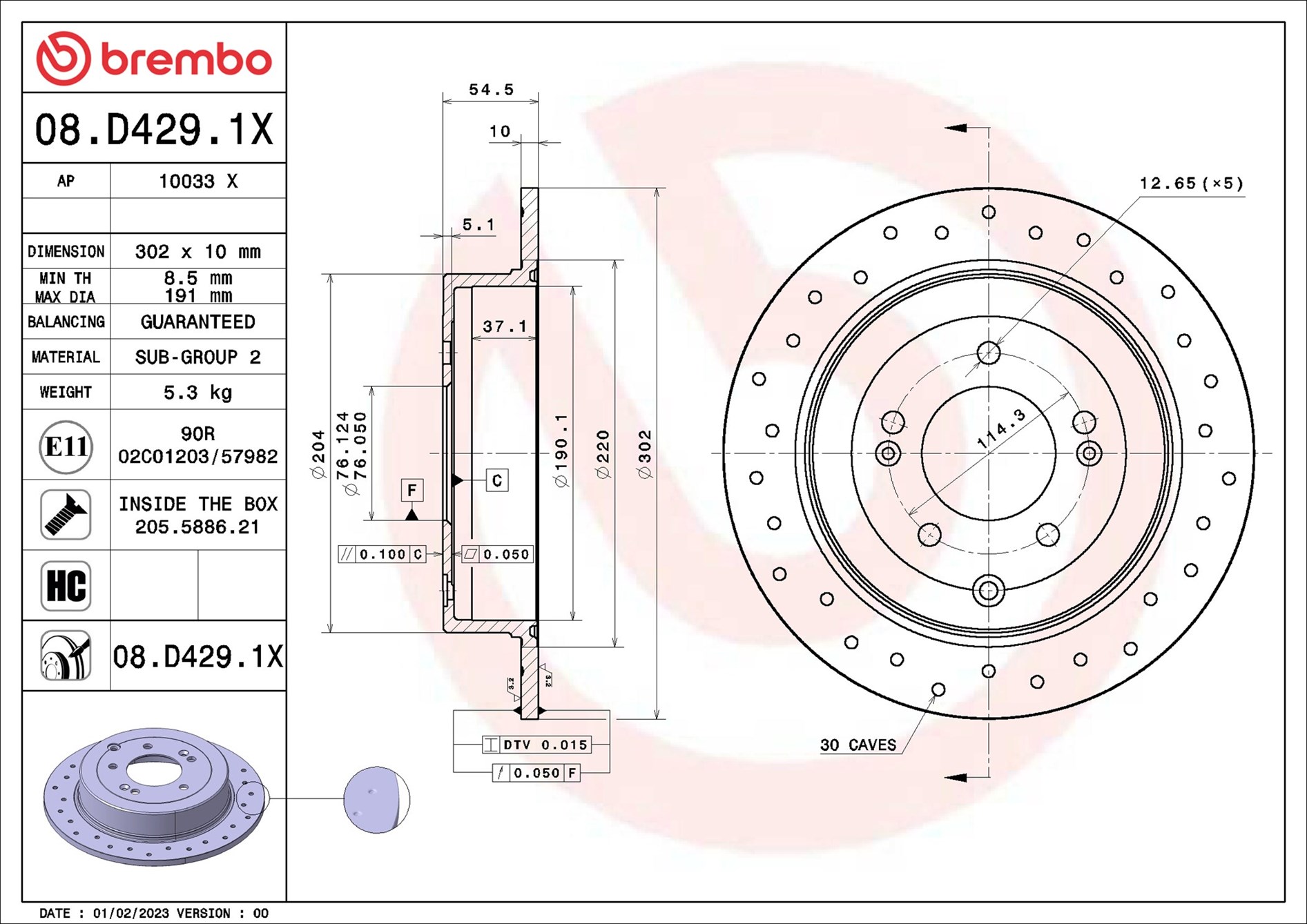 BREMBO Bremseskive 08d4291x perforeret 302mm 10mm for KIA (DYK) KIA