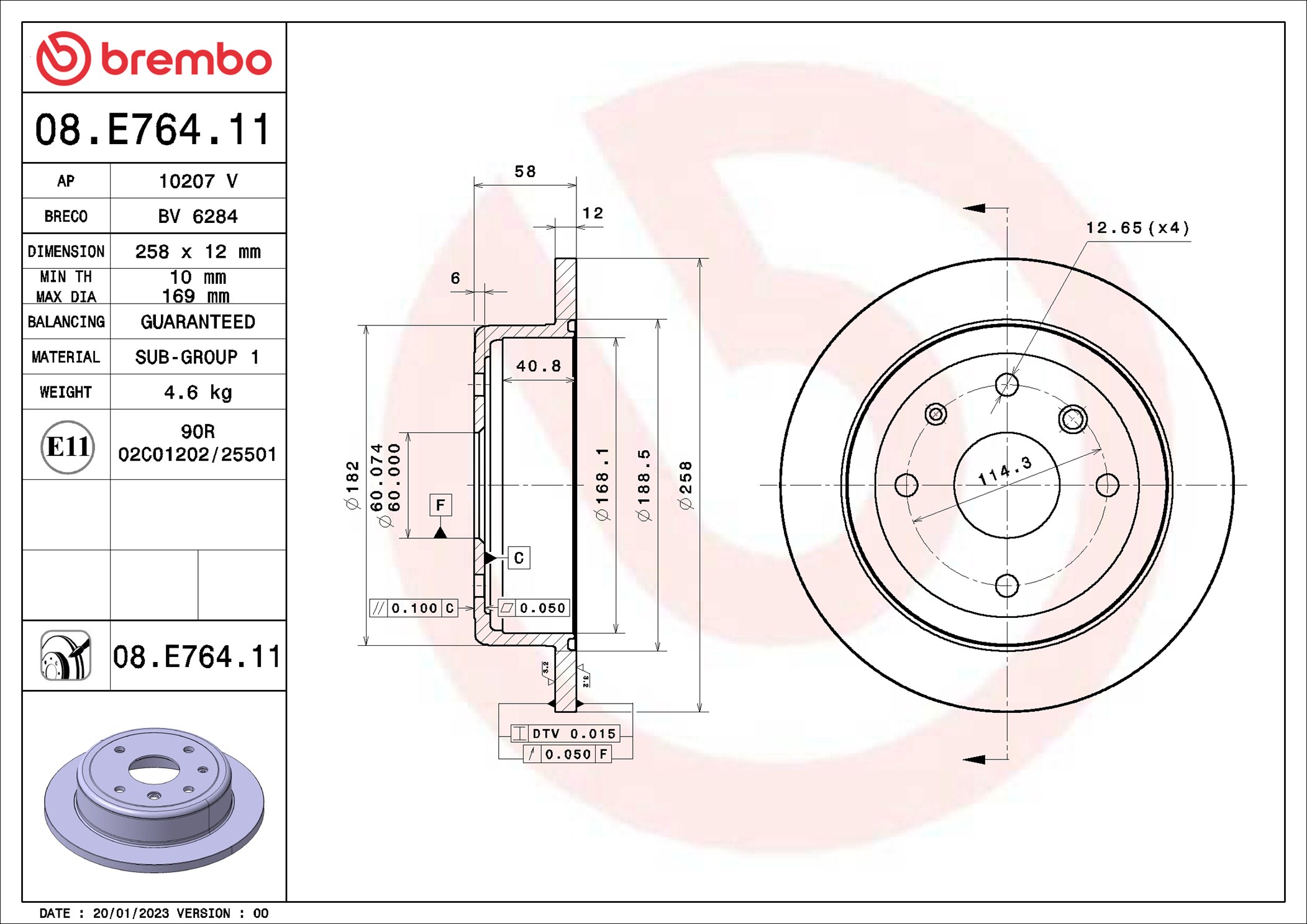 BREMBO Bremseskive 08.E764.11 258mm 12mm for CHEVROLET (SGM)