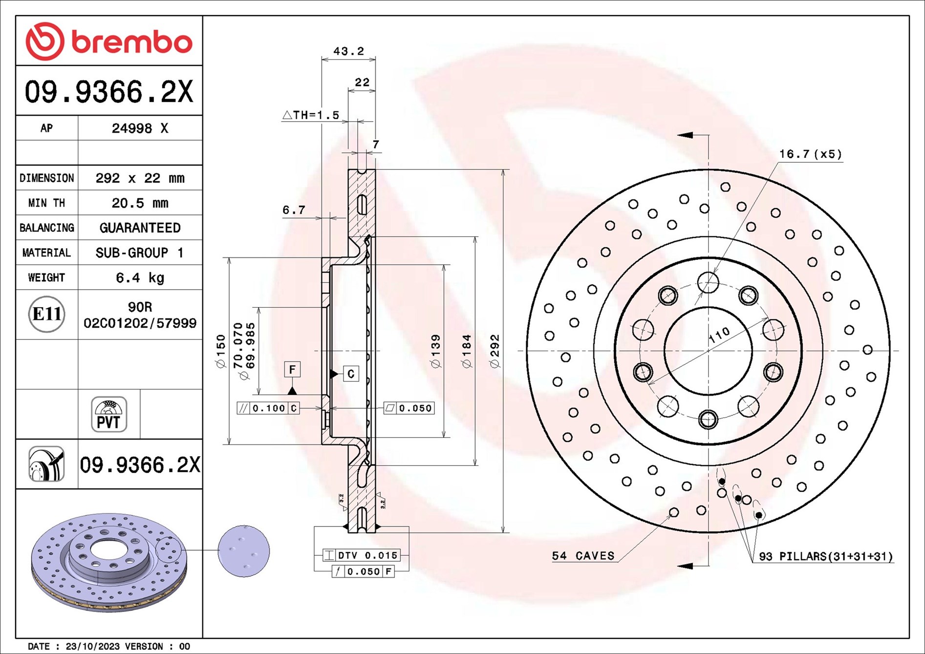 BREMBO Bremseskive 09.9366.2X 292mm 22mm for FIAT