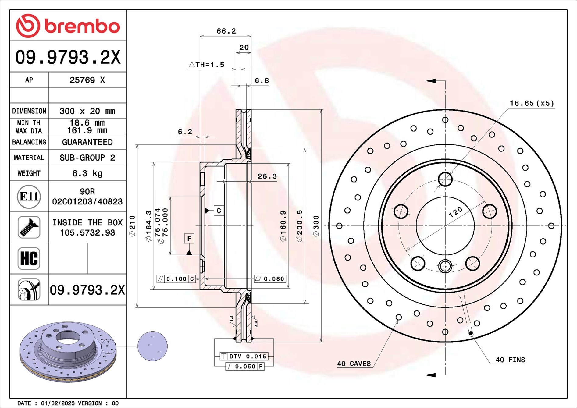BREMBO Bremseskive 09.9793.2X 300mm 20mm for BMW