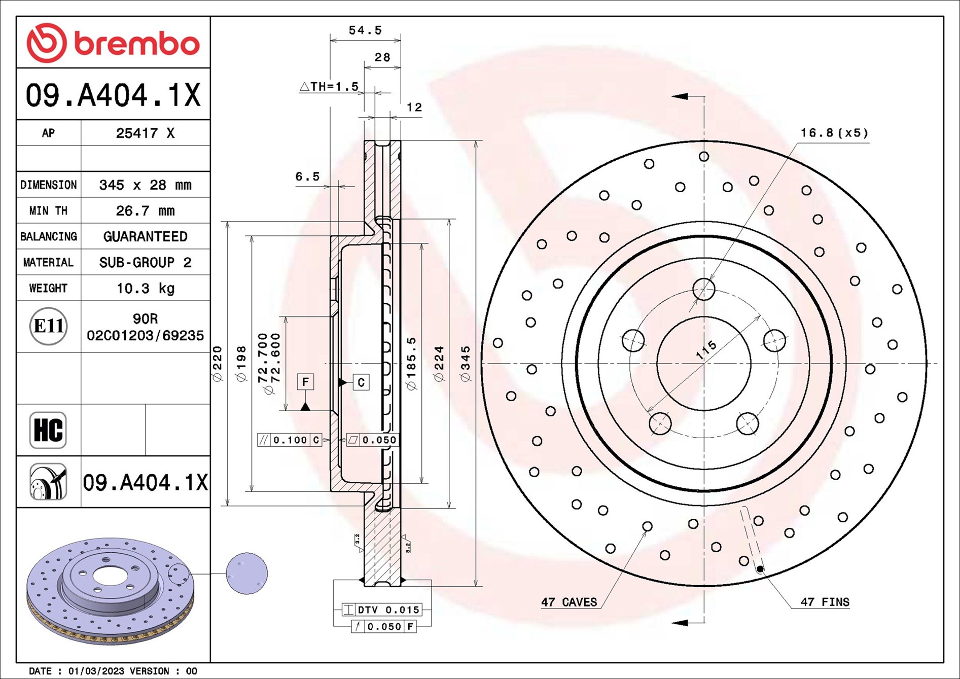 BREMBO Bremseskive 09a4041x 345mm 28mm for CHRYSLER DODGE LANCIA CHRYSLER (BBDC)