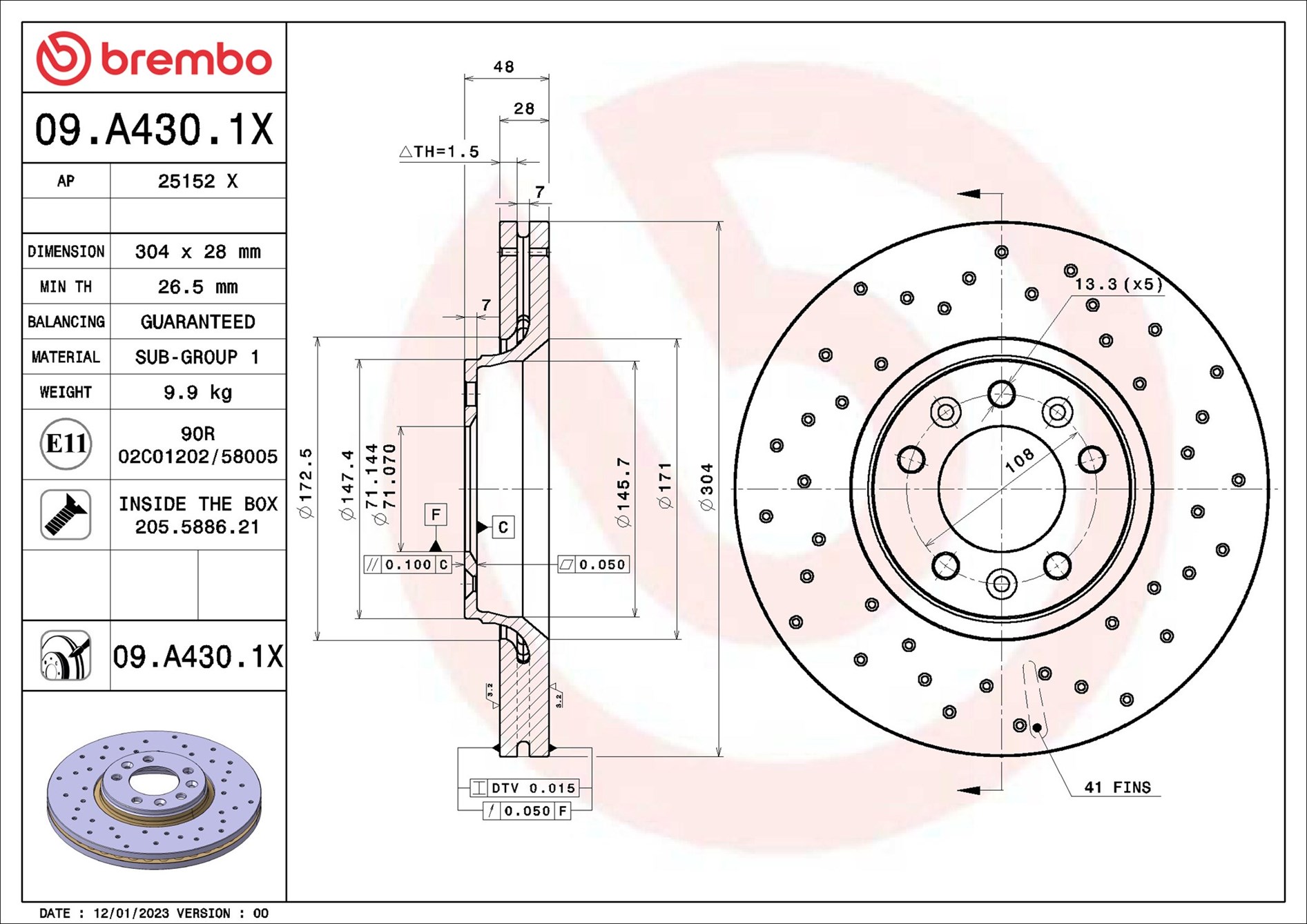 BREMBO Bremseskive 09a4301x 304mm 28mm for PEUGEOT CITROËN FIAT TOYOTA
