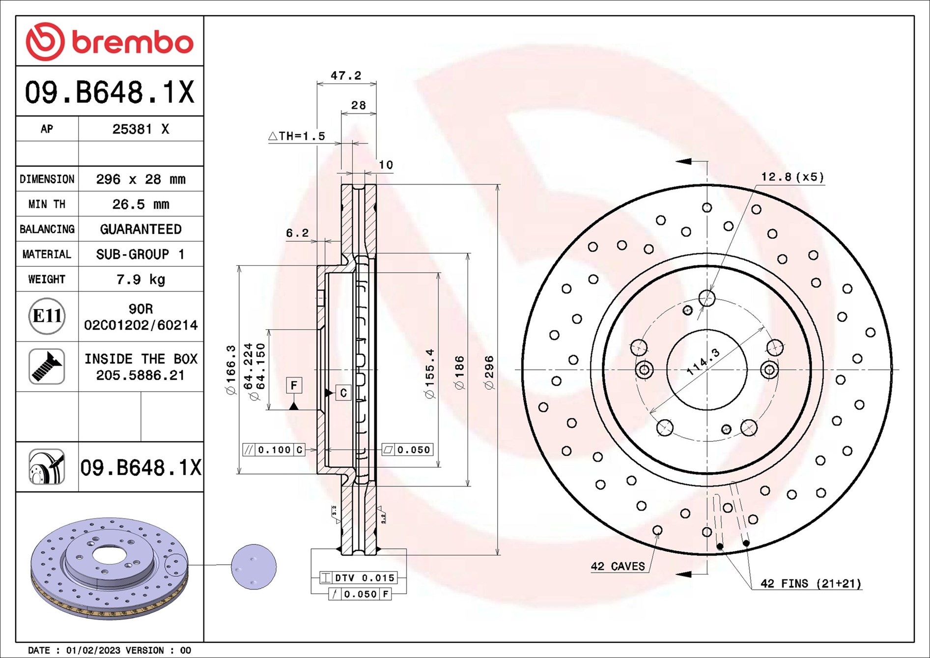 BREMBO Bremseskive 09b6481x 296mm 28mm for ACURA HONDA HONDA (GAC)