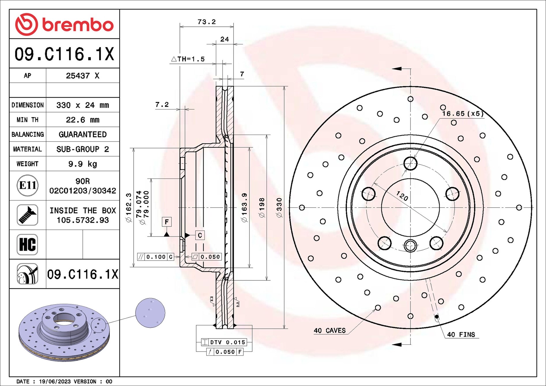 BREMBO Bremseskive 09c1161x 330mm 24mm for BMW