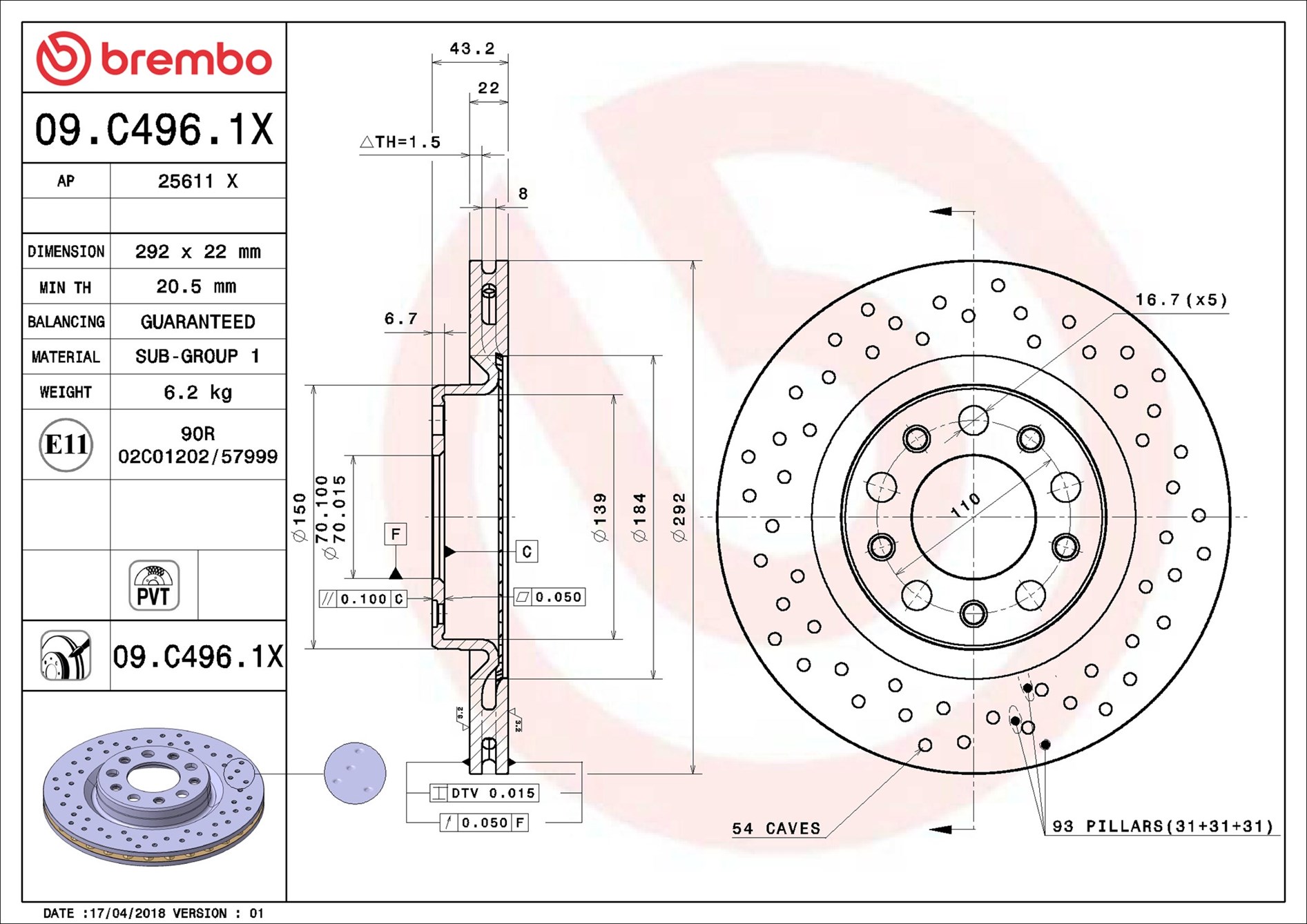 BREMBO Bremseskive 09c4961x 292mm 22mm for ALFA ROMEO