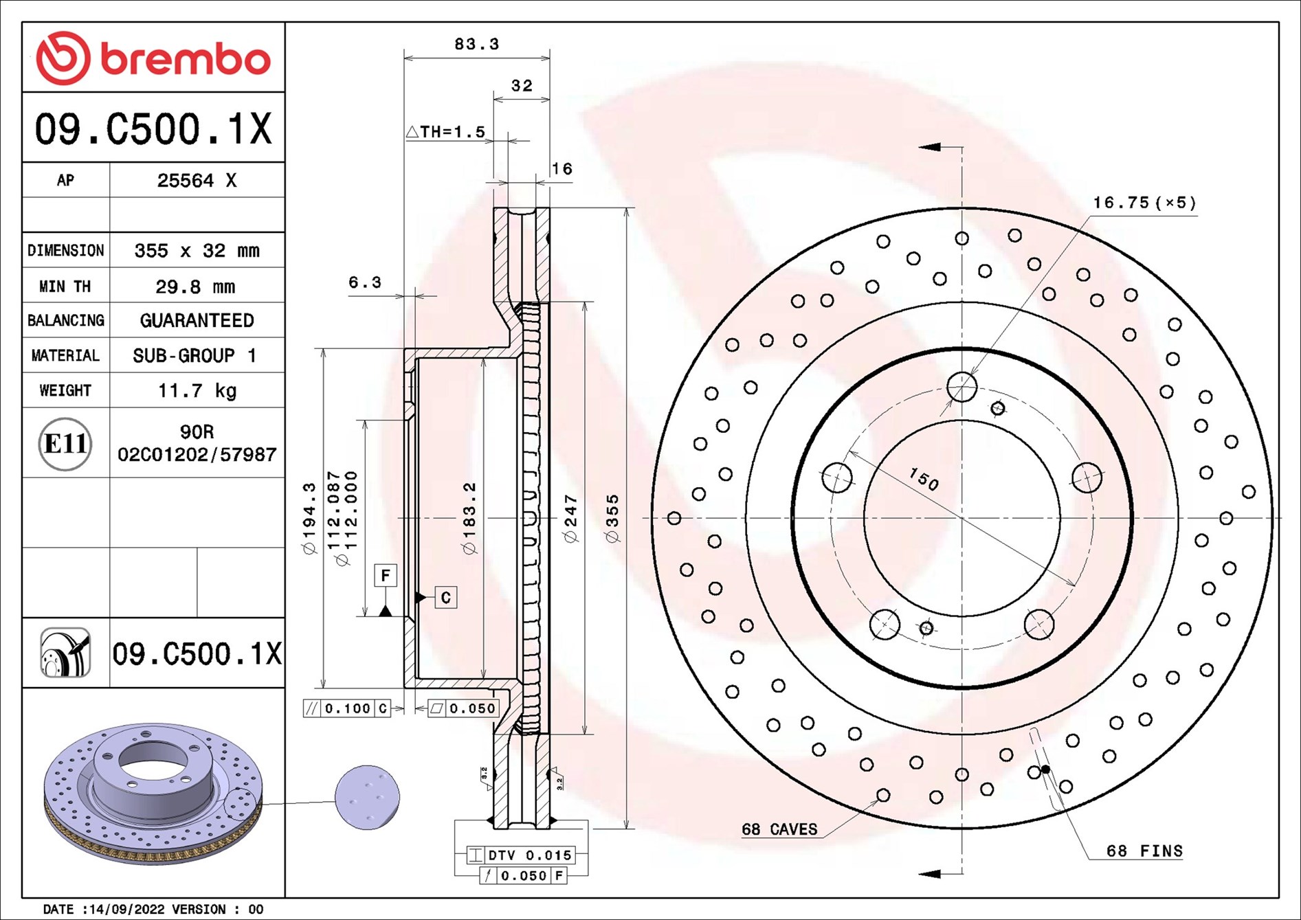 BREMBO Bremseskive 09c5001x 355mm 32mm for TOYOTA