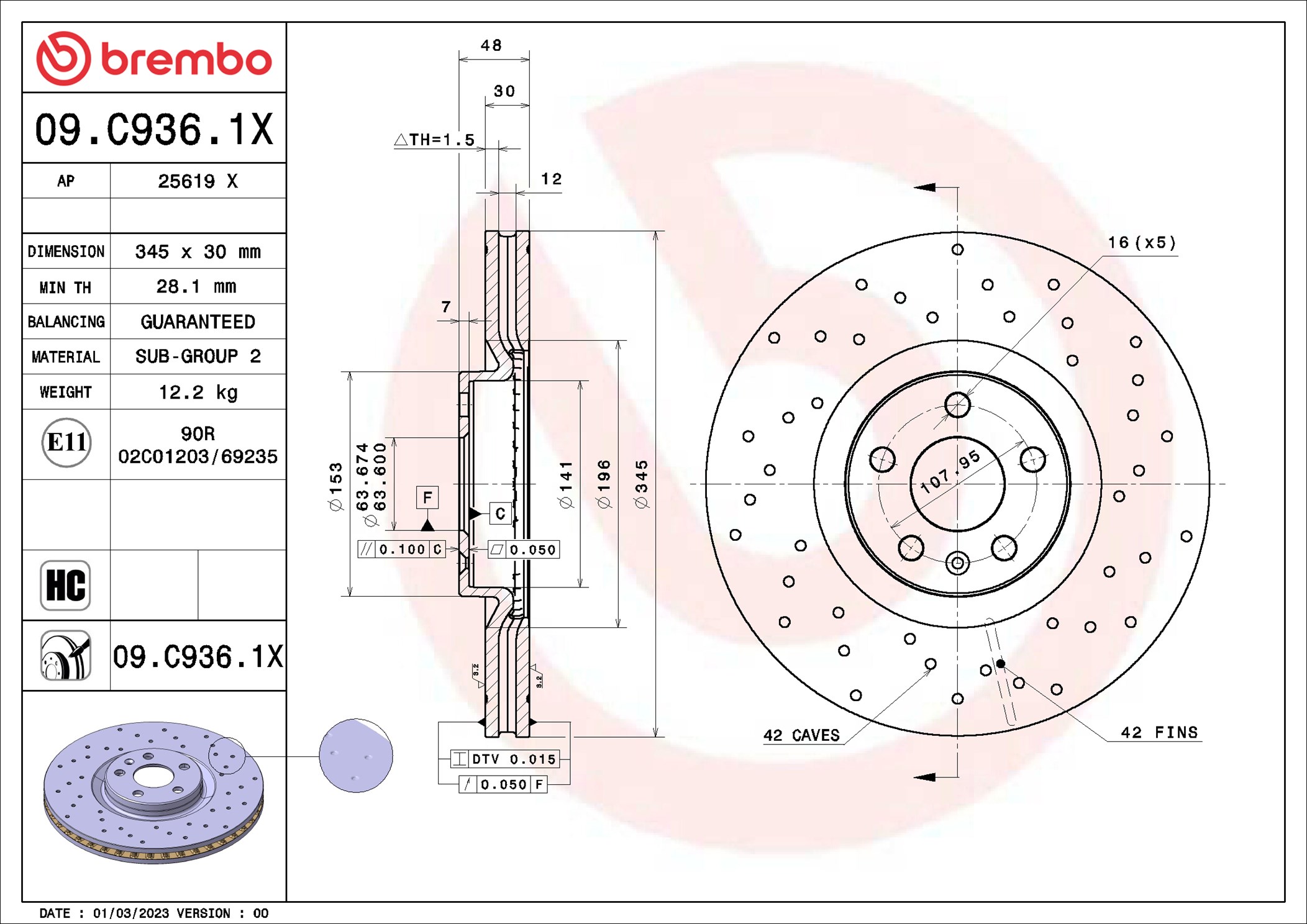 BREMBO Bremseskive 09c9361x 345mm 30mm for VOLVO POLESTAR GEELY