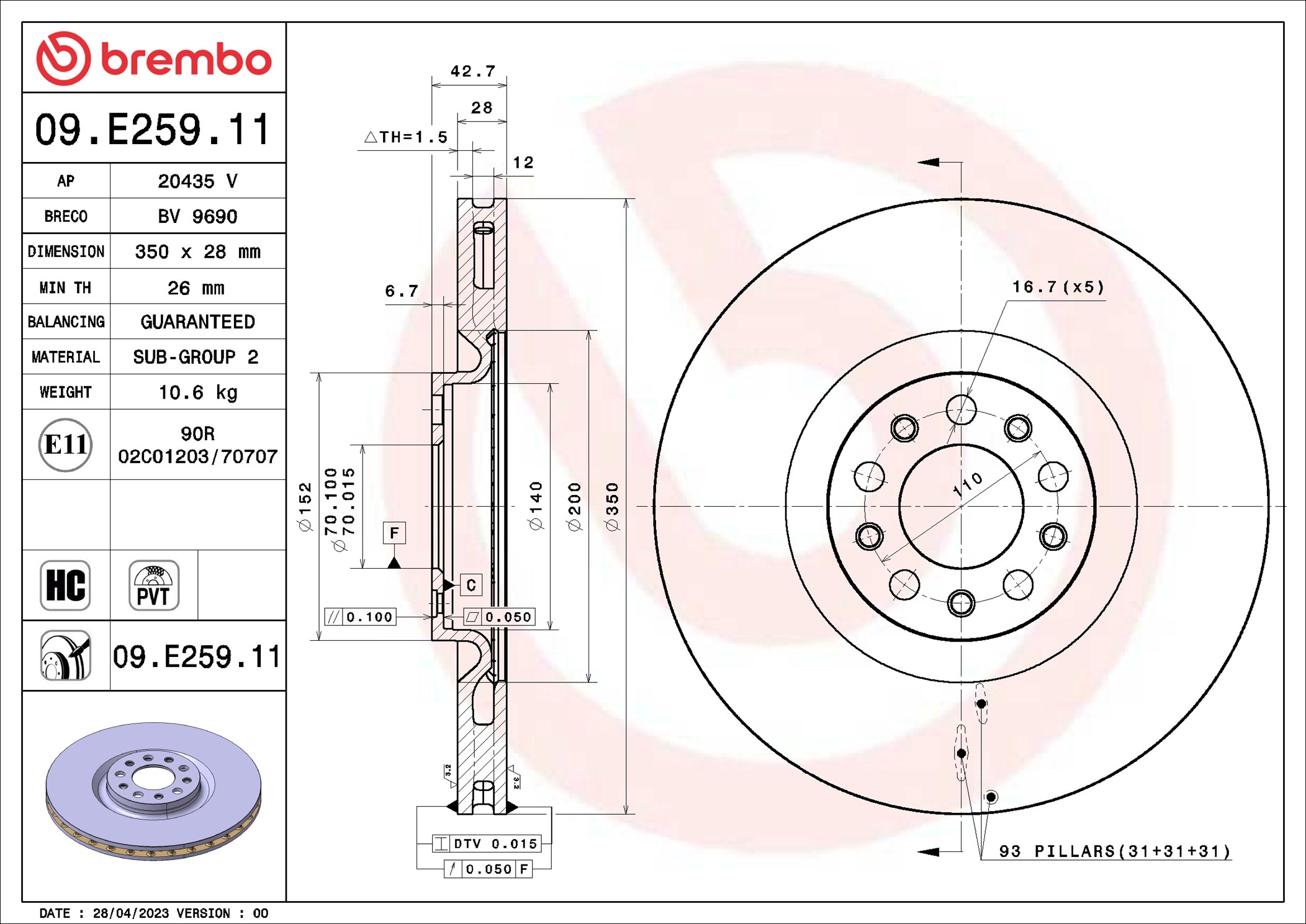 BREMBO Bremseskive 09e25911 350mm 28mm for MASERATI
