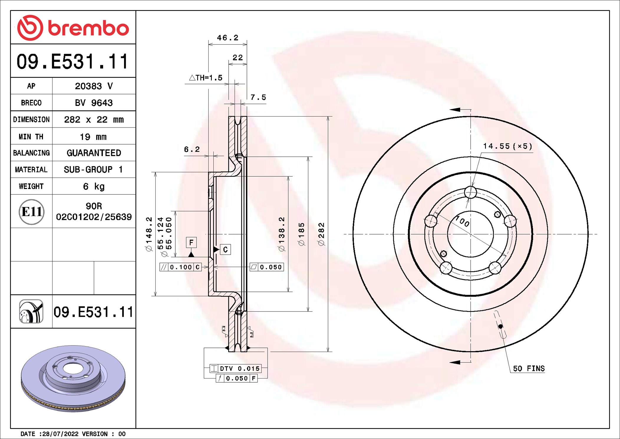 BREMBO Bremseskive 09e53111 282mm 22mm for MAZDA TOYOTA