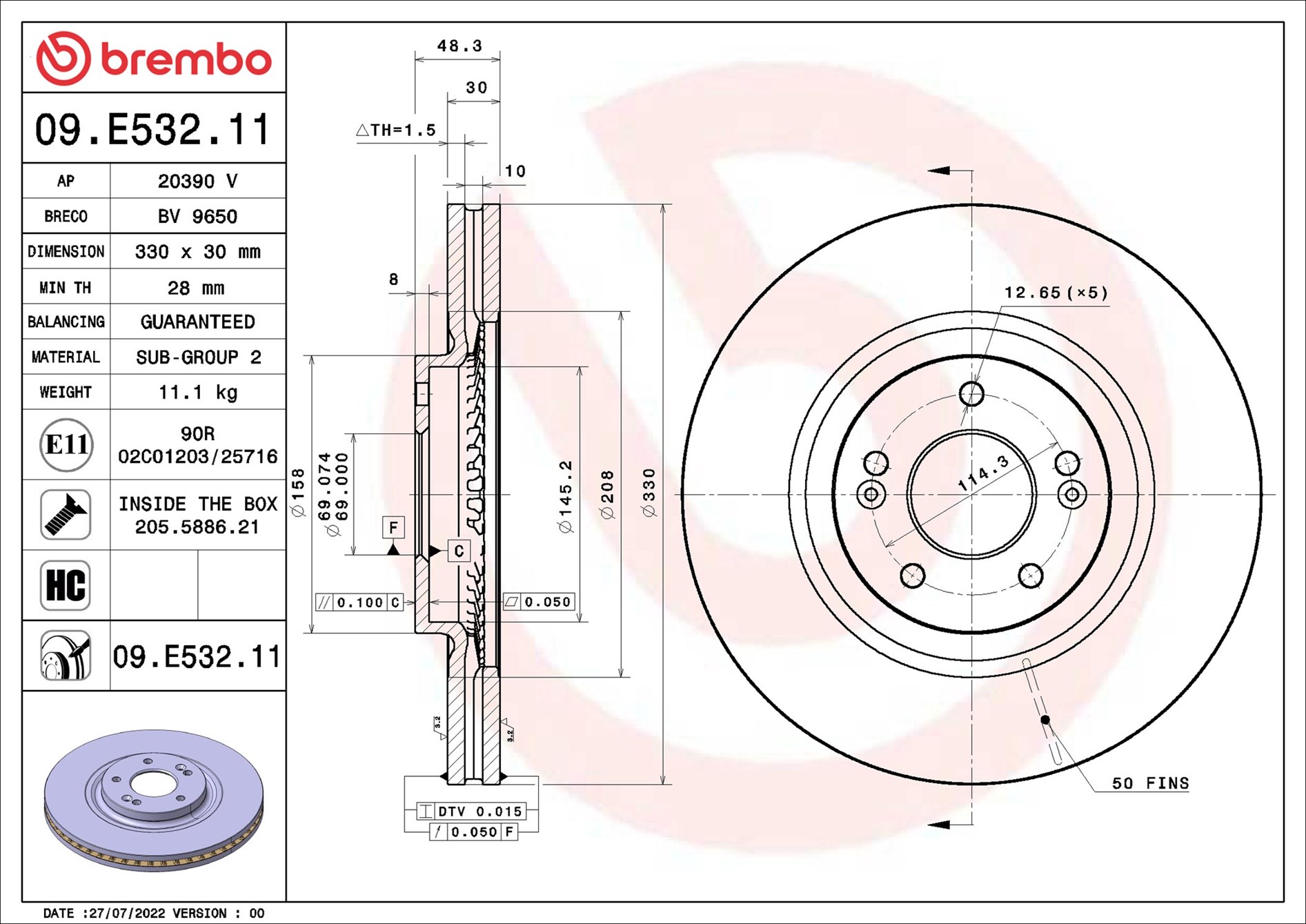 BREMBO Bremseskive 09e53211 330mm 30mm for KIA
