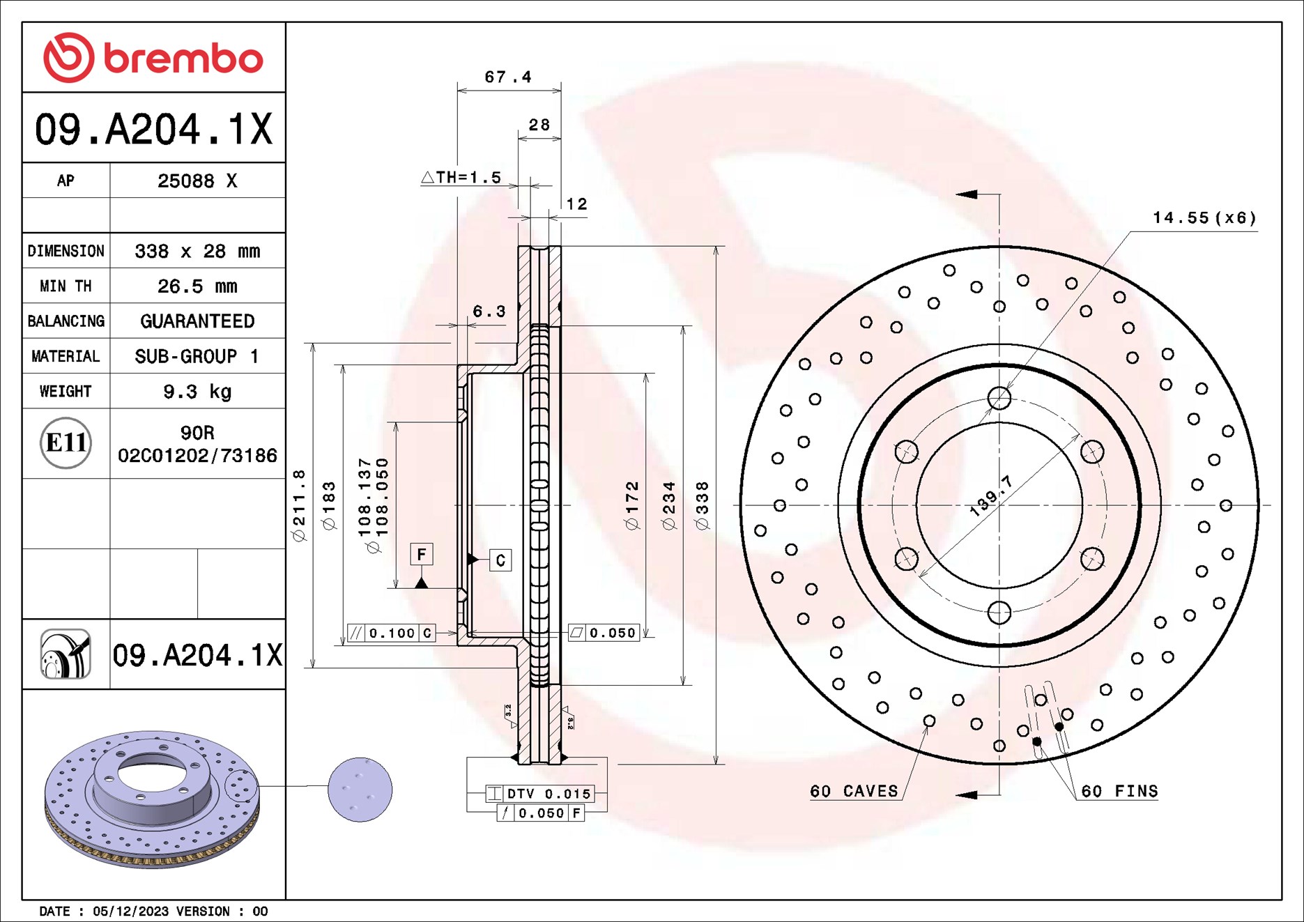 BREMBO Bremseskive 09a2041x 338mm 28mm for TOYOTA