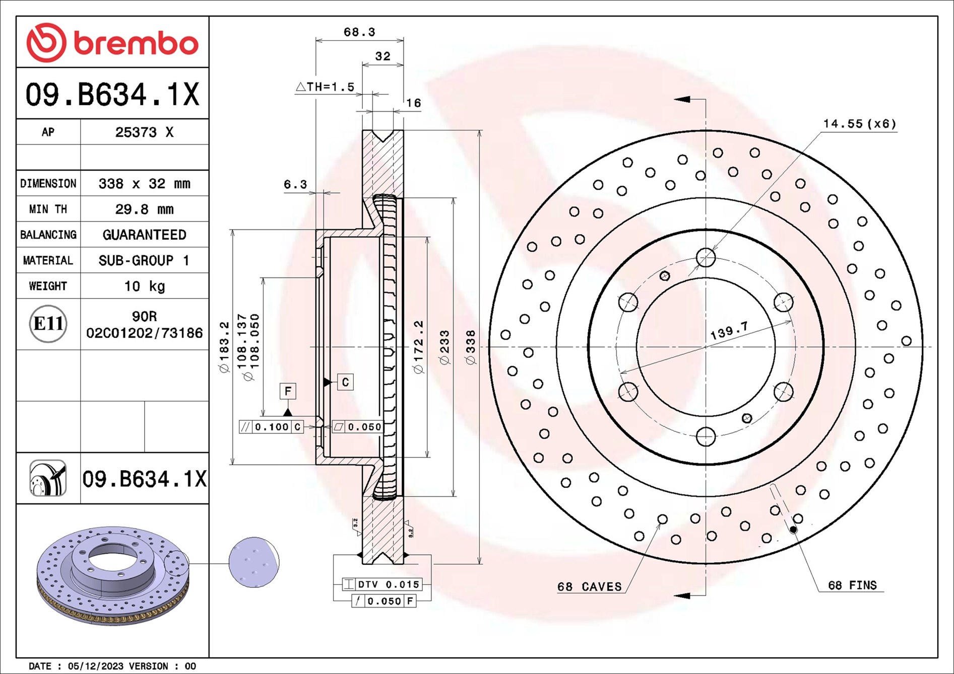 BREMBO Bremseskive 09b6341x 338mm 32mm for TOYOTA