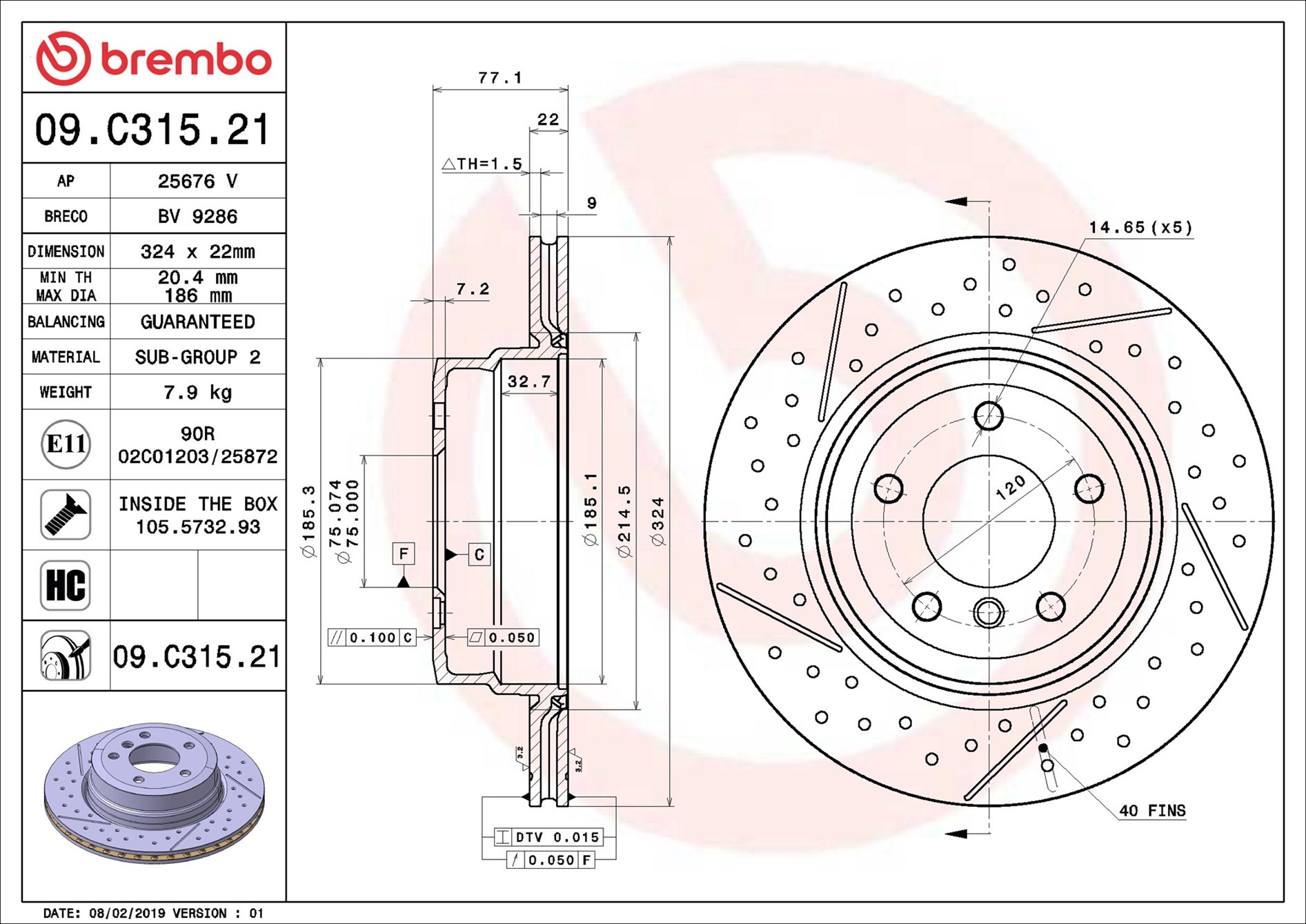 BREMBO Bremseskive 09c31521 lukket/perforeret 324mm 22mm for BMW