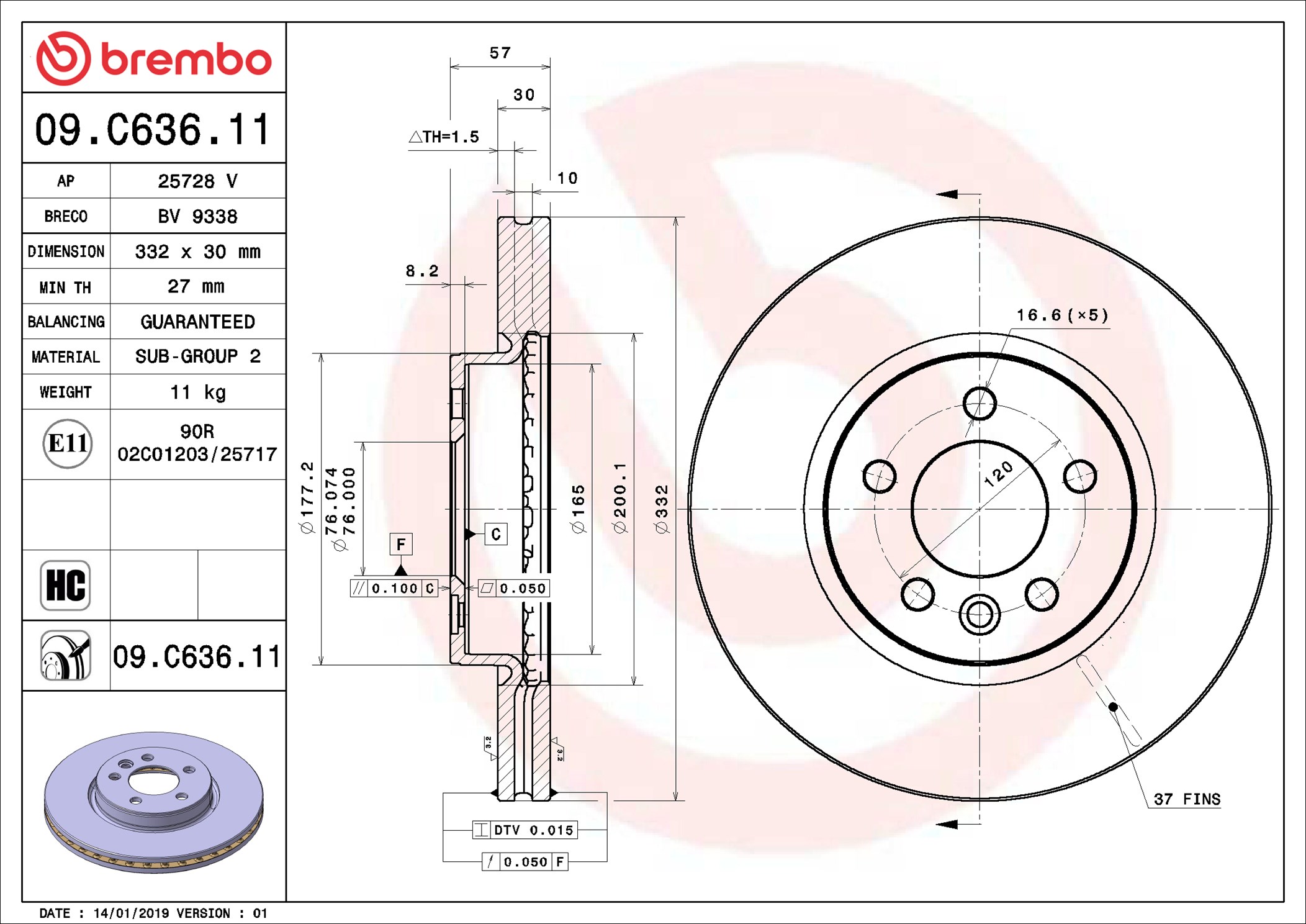BREMBO Bremseskive 09c63611 332mm 30mm for VW