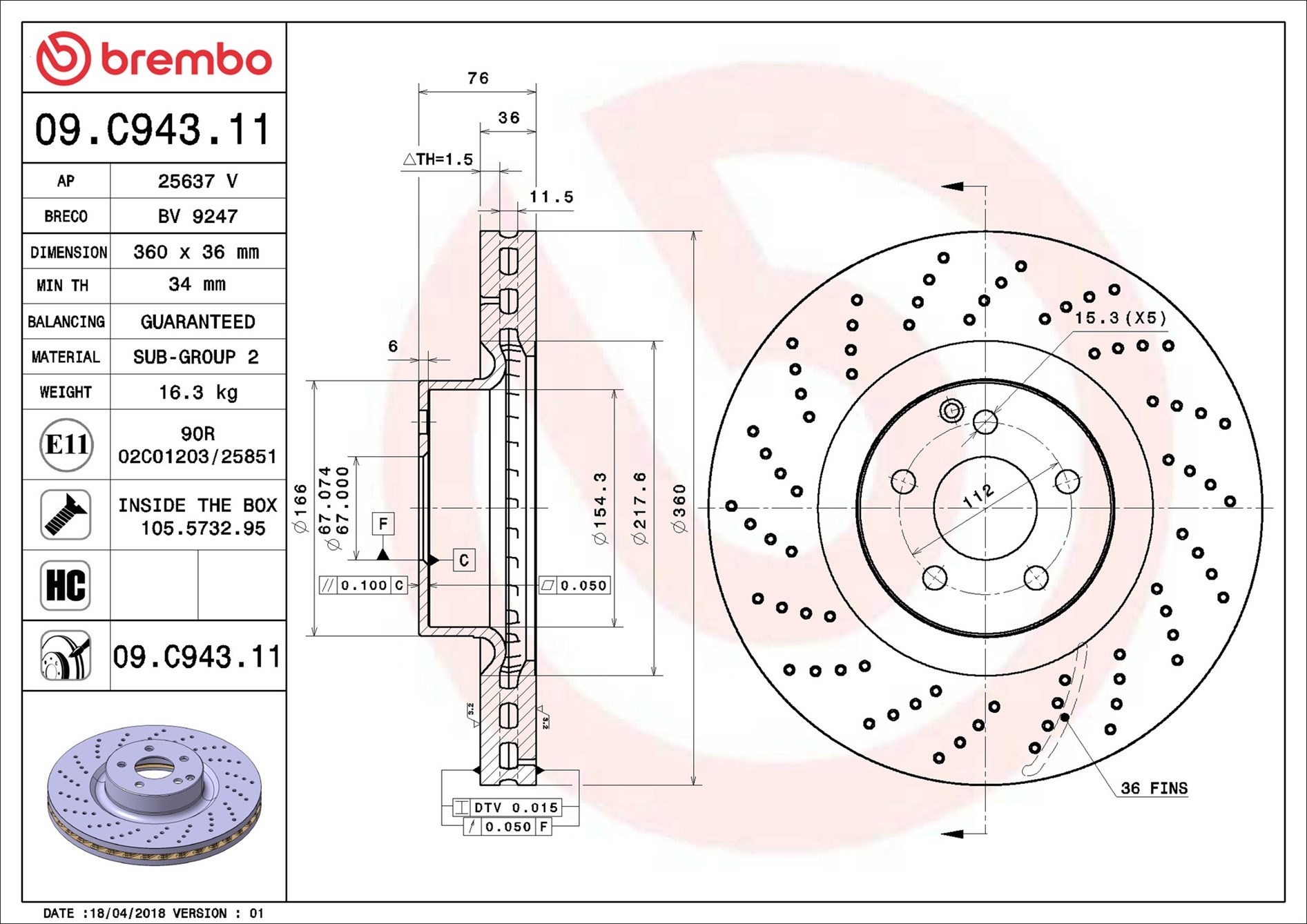 BREMBO Bremseskive 09.C943.11 360mm 36mm for MERCEDES-BENZ