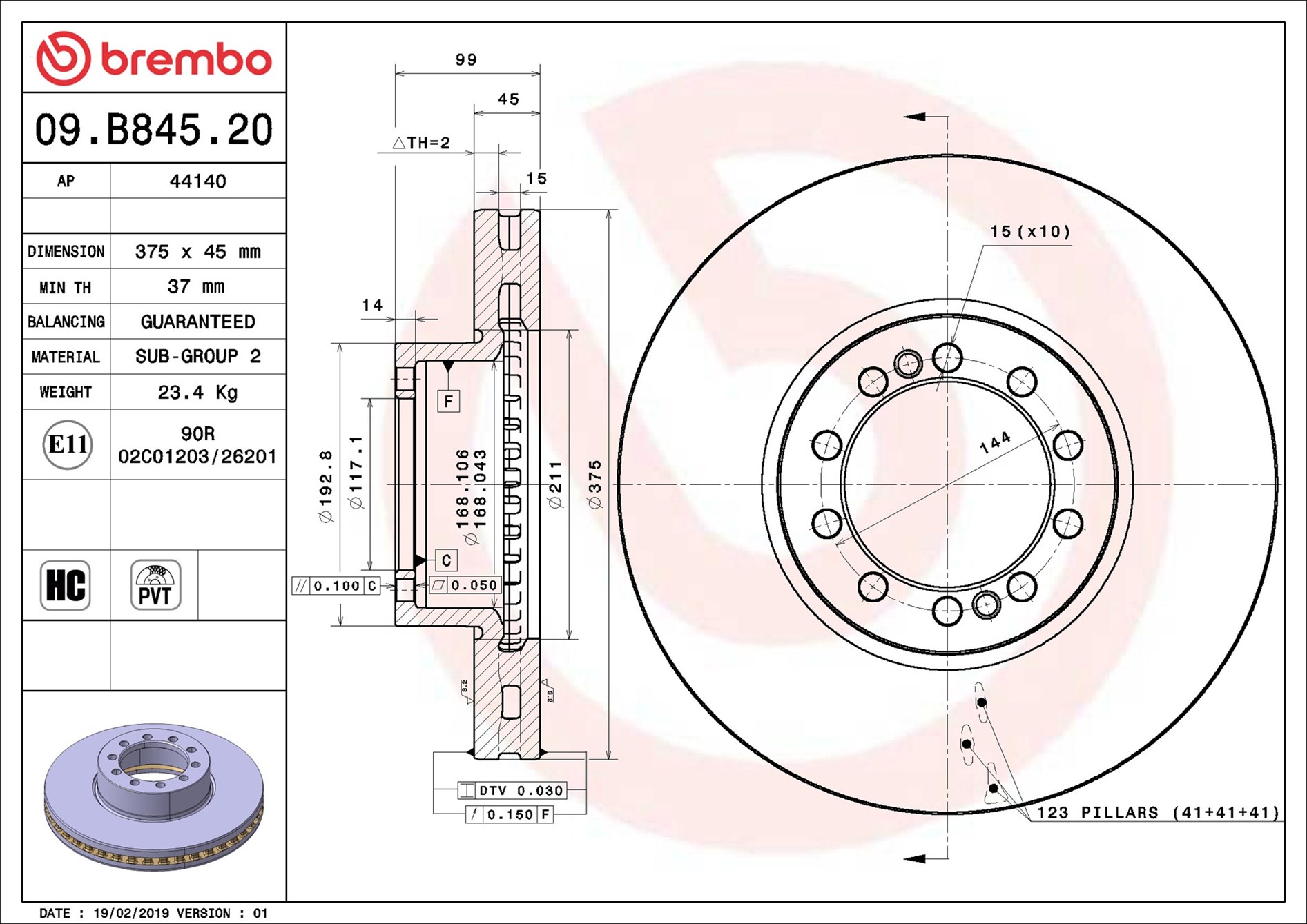 BREMBO 09b84520 375mm 45mm for RENAULT TRUCKS