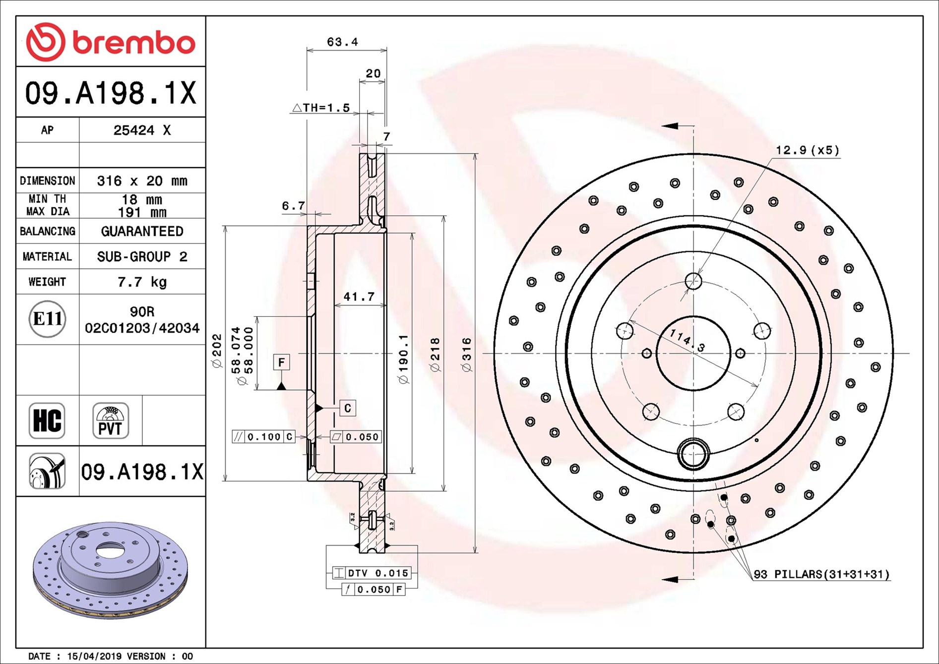 BREMBO Bremseskive 09a1981x 316mm 20mm for SUBARU