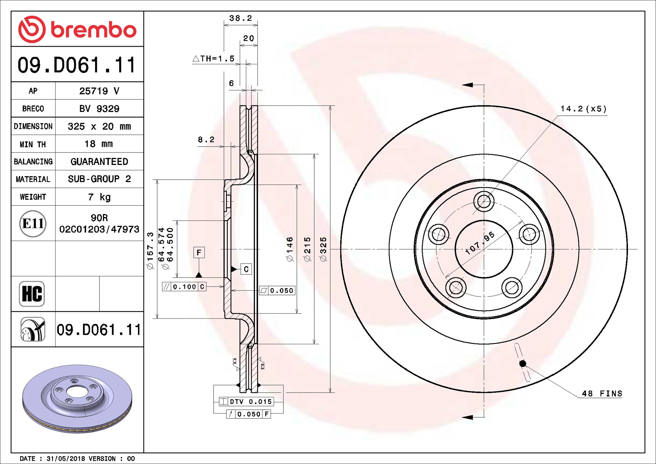 BREMBO Bremseskive 09d06111 325mm 20mm for JAGUAR