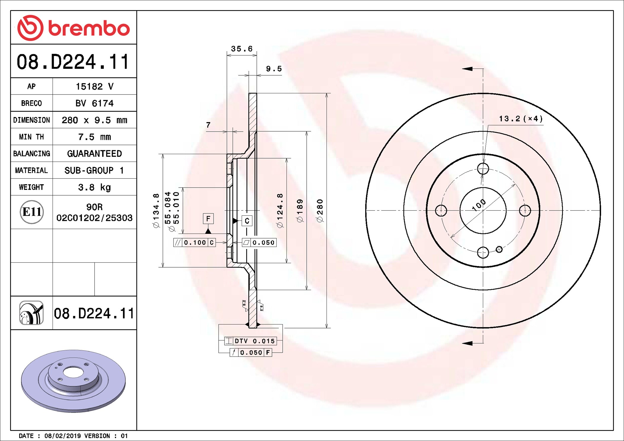 BREMBO Bremseskive 08d22411 280mm 10mm for MAZDA