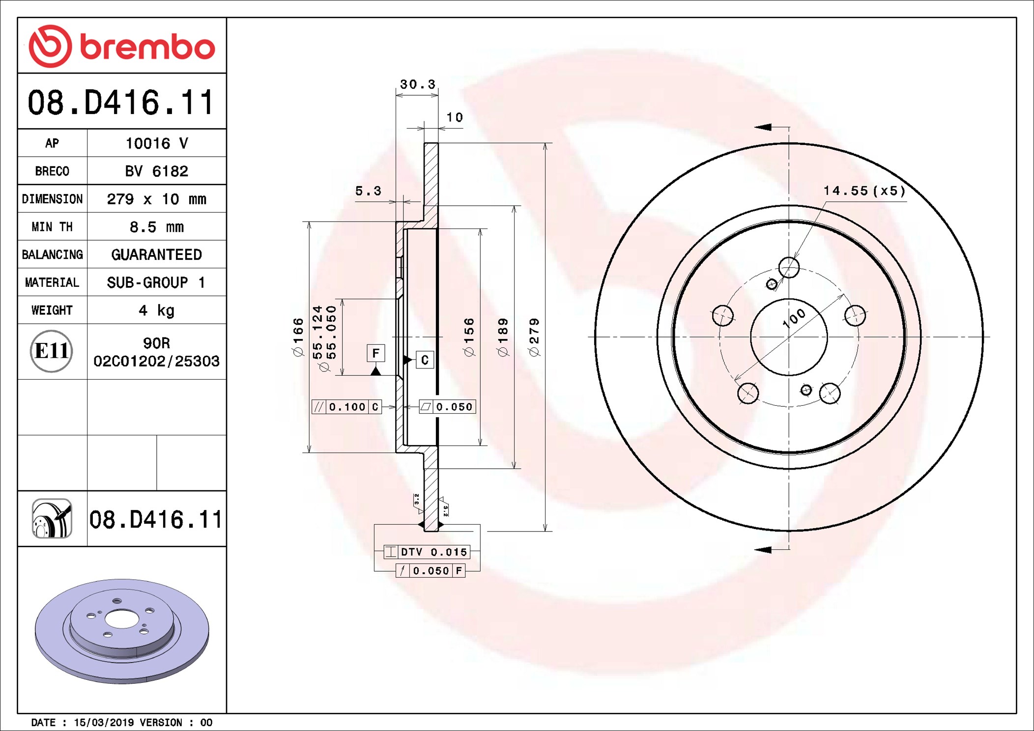 BREMBO Bremseskive 08d41611 279mm 10mm for LEXUS