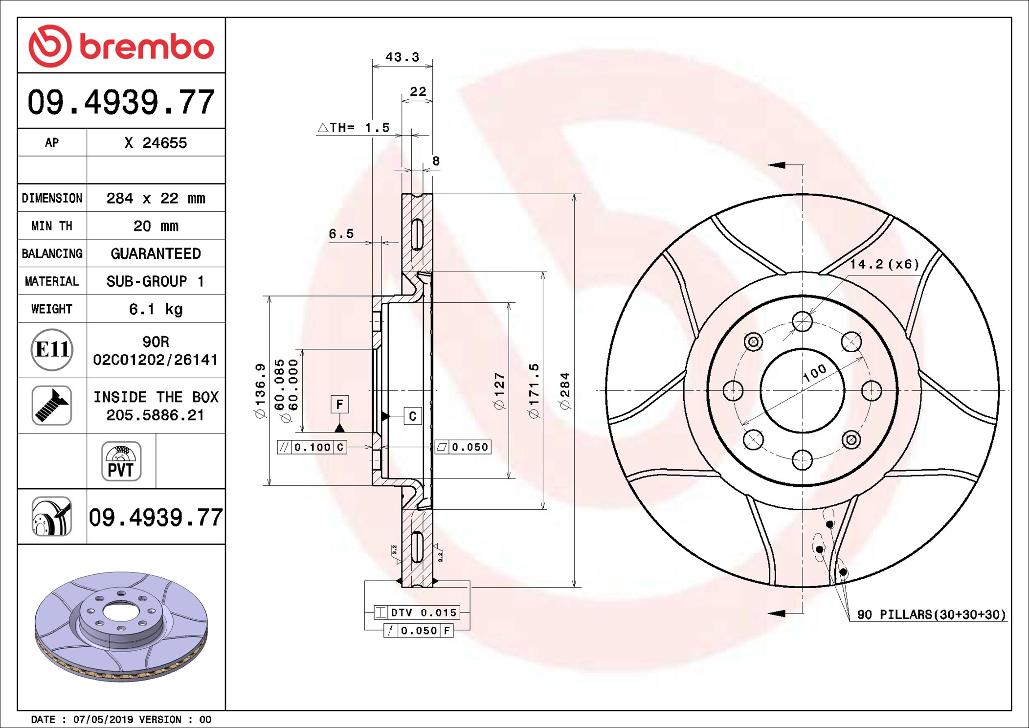BREMBO Bremseskive 09493977 lukket 284mm 22mm for OPEL FIAT