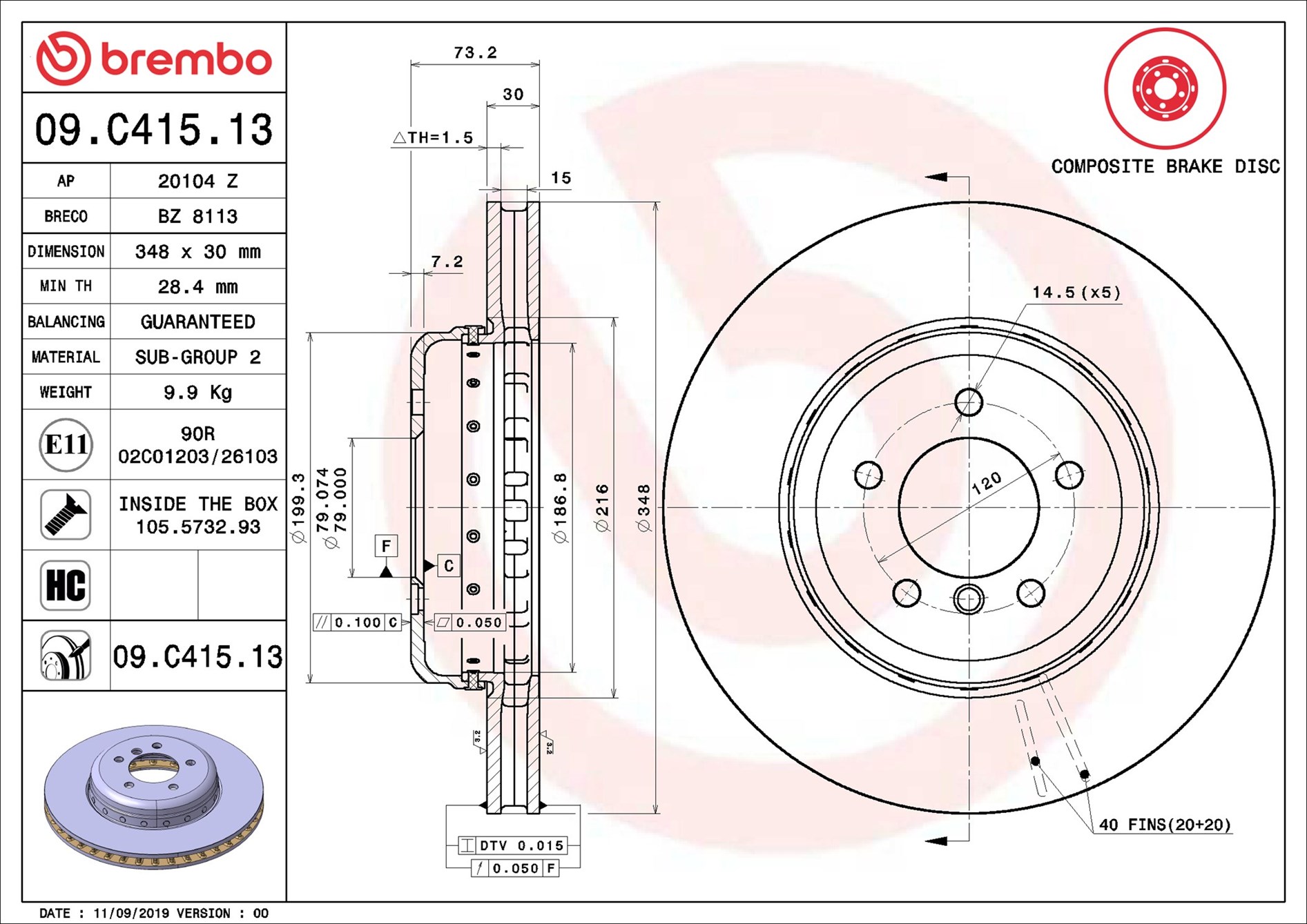 BREMBO Bremseskive 09.C415.13 348mm 30mm for BMW