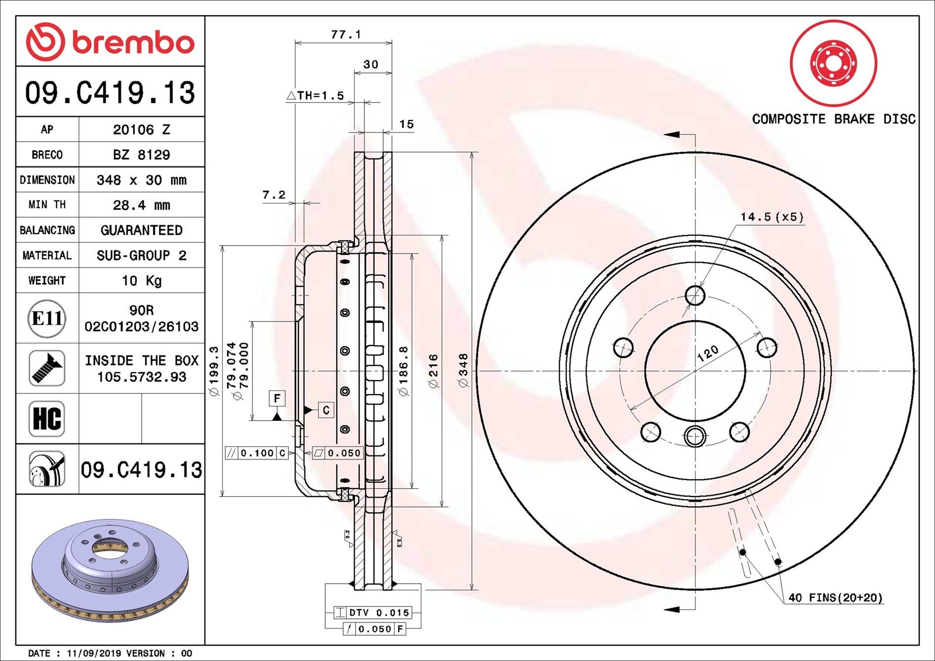 BREMBO Bremseskive 09.C419.13 348mm 30mm for BMW (BRILLIANCE)