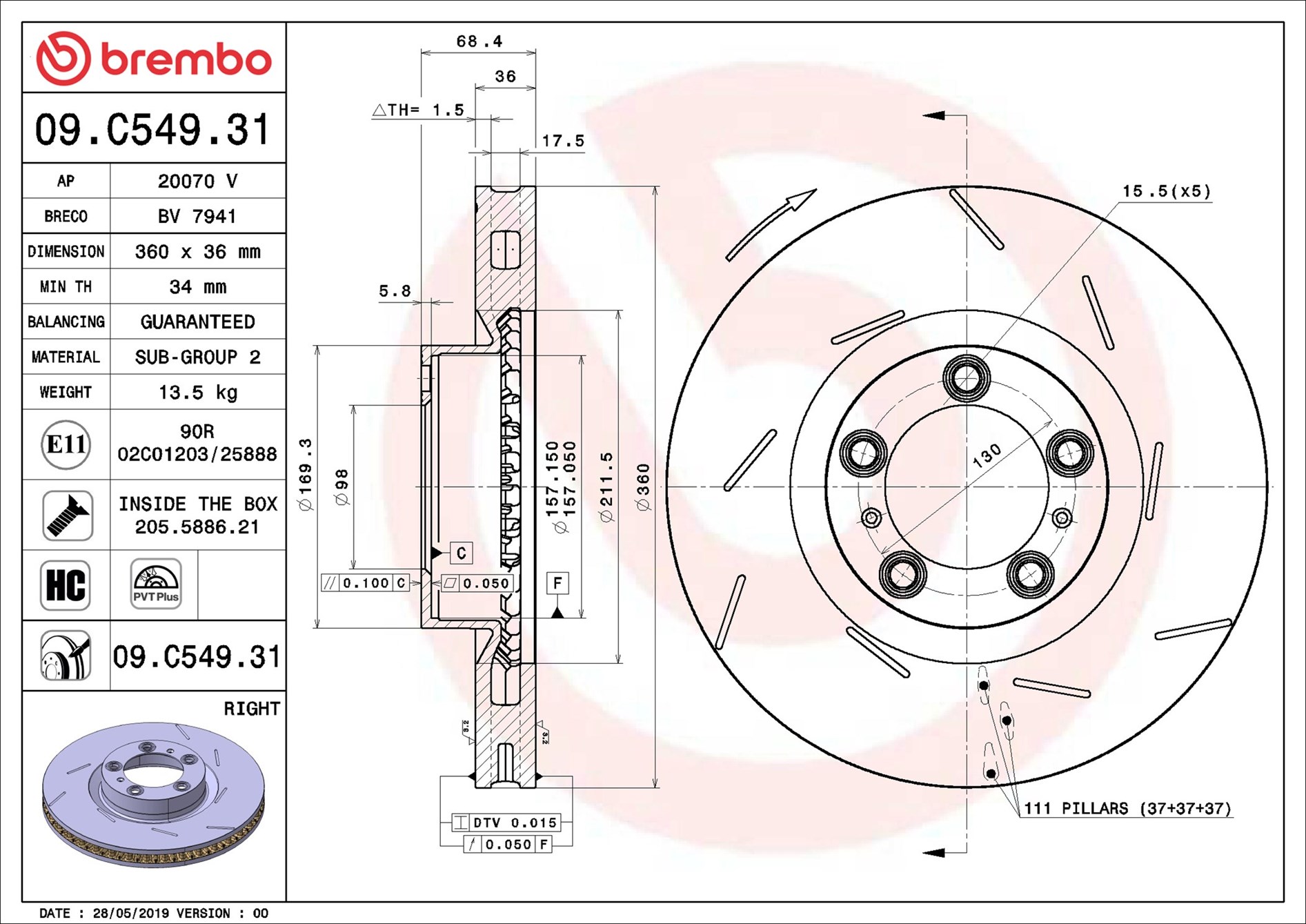 BREMBO Bremseskive 09c54931 lukket 360mm 36mm for PORSCHE