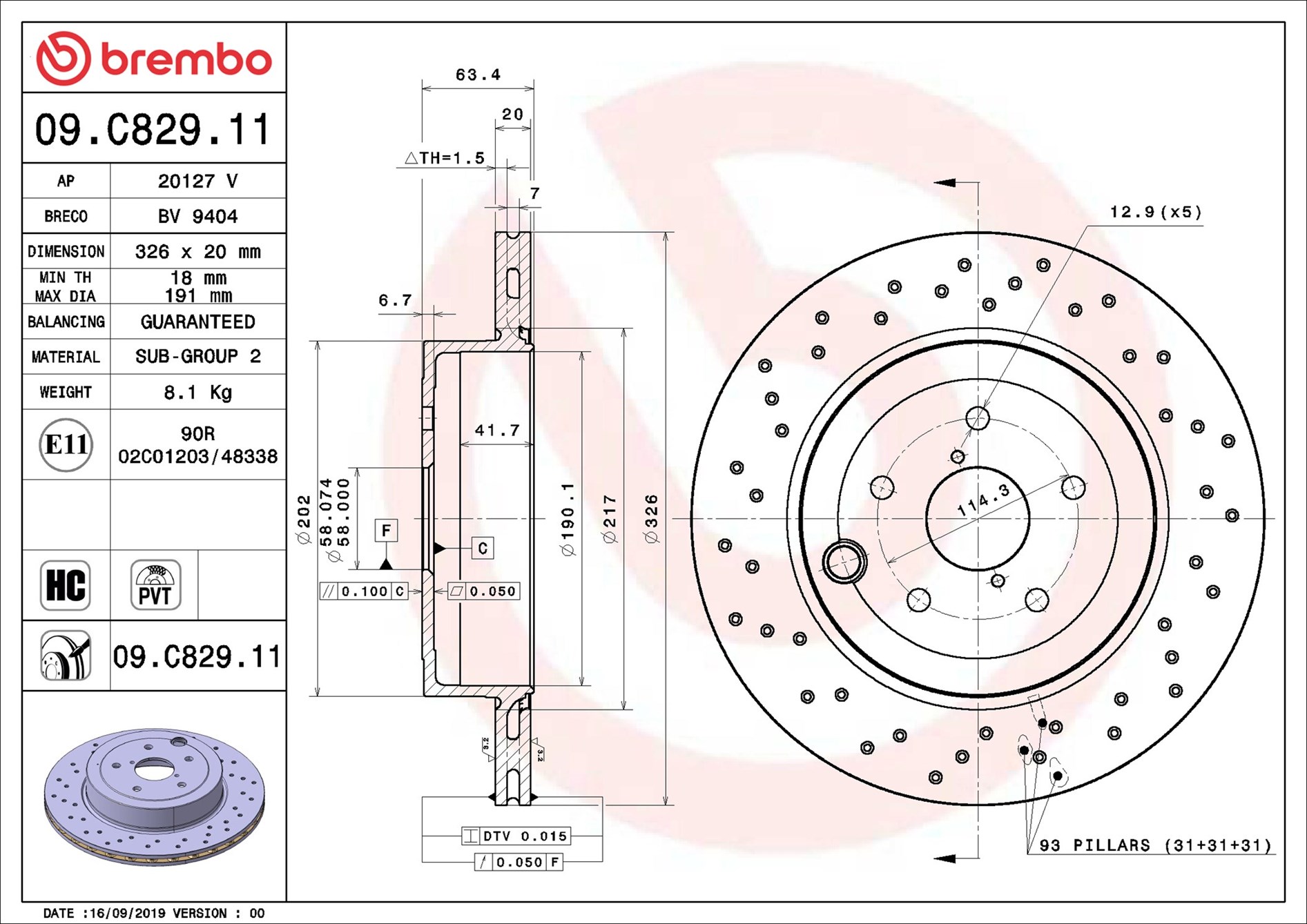 BREMBO Bremseskive 09c82911 326mm 20mm for SUBARU