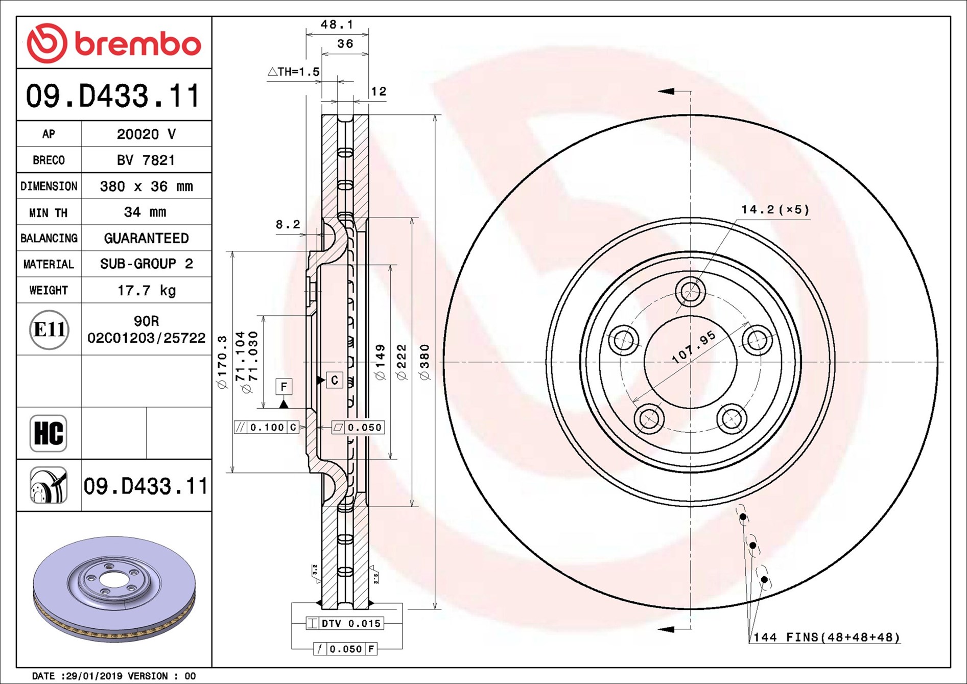 BREMBO Bremseskive 09d43311 380mm 36mm for JAGUAR