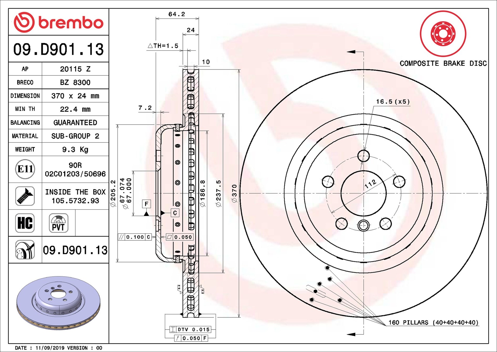 BREMBO Bremseskive 09.D901.13 370mm 24mm for BMW