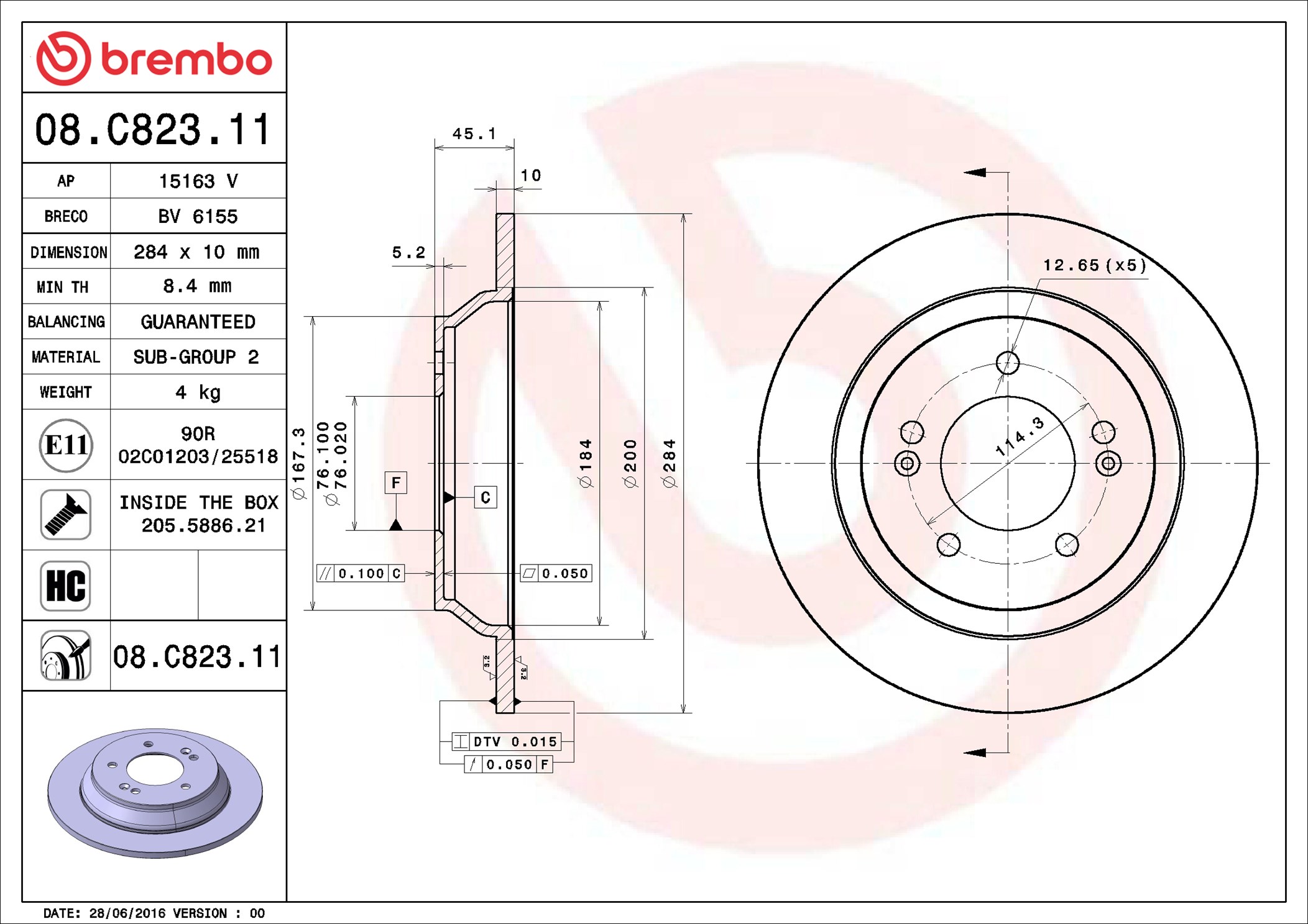 BREMBO Bremseskive 08c82311 284mm 10mm for KIA