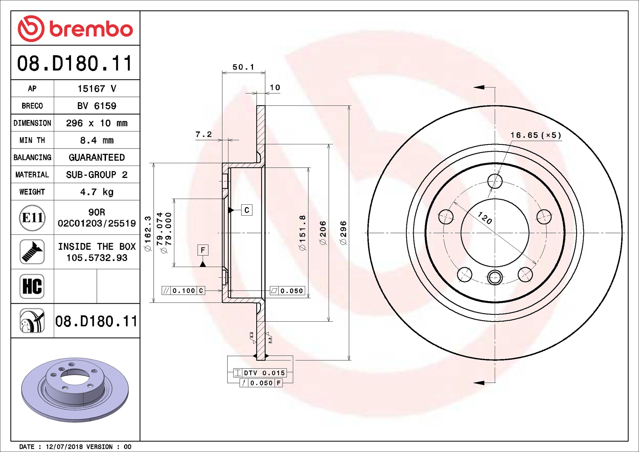 BREMBO Bremseskive 08d18011 296mm 10mm for MINI