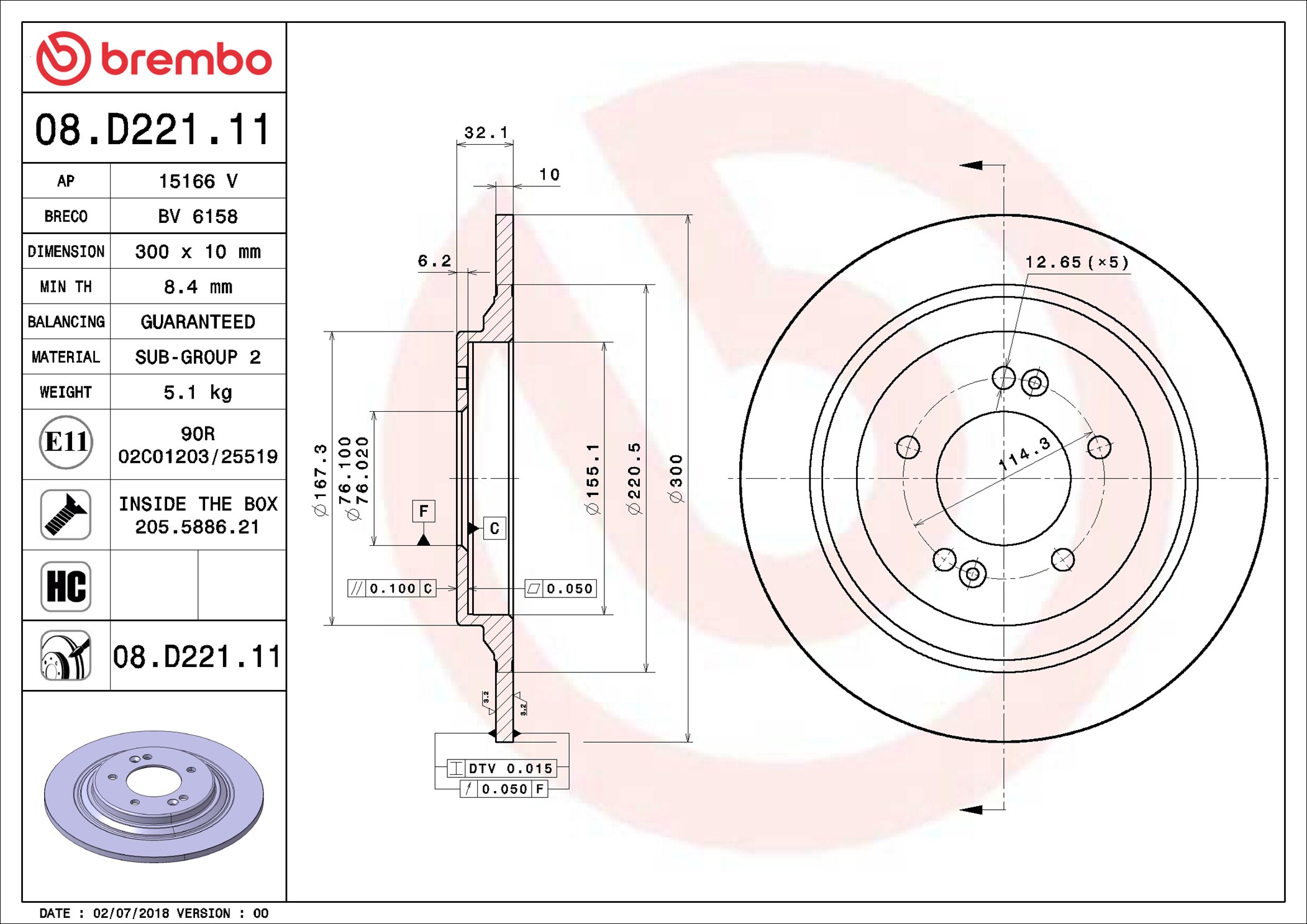 BREMBO Bremseskive 08.D221.11 300mm 10mm for KIA