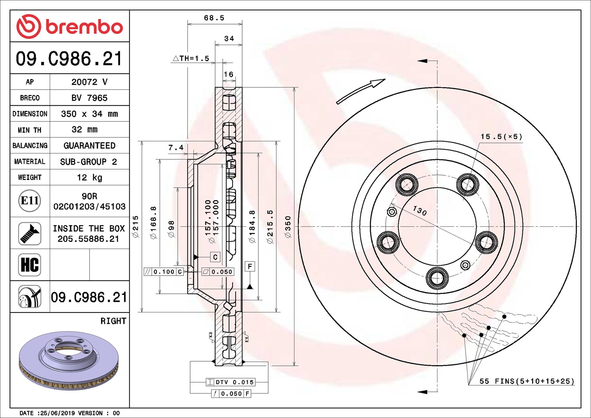 BREMBO Bremseskive 09c98621 350mm 34mm for PORSCHE