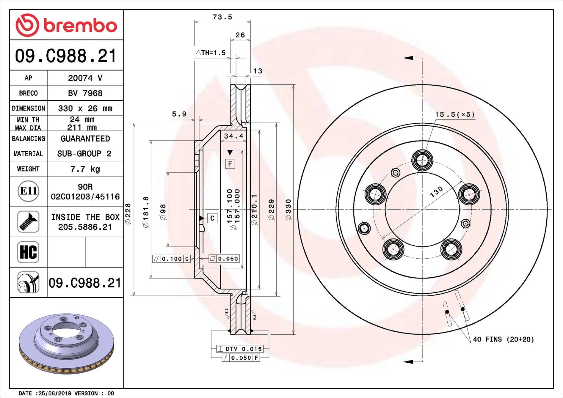 BREMBO Bremseskive 09c98821 330mm 26mm for PORSCHE