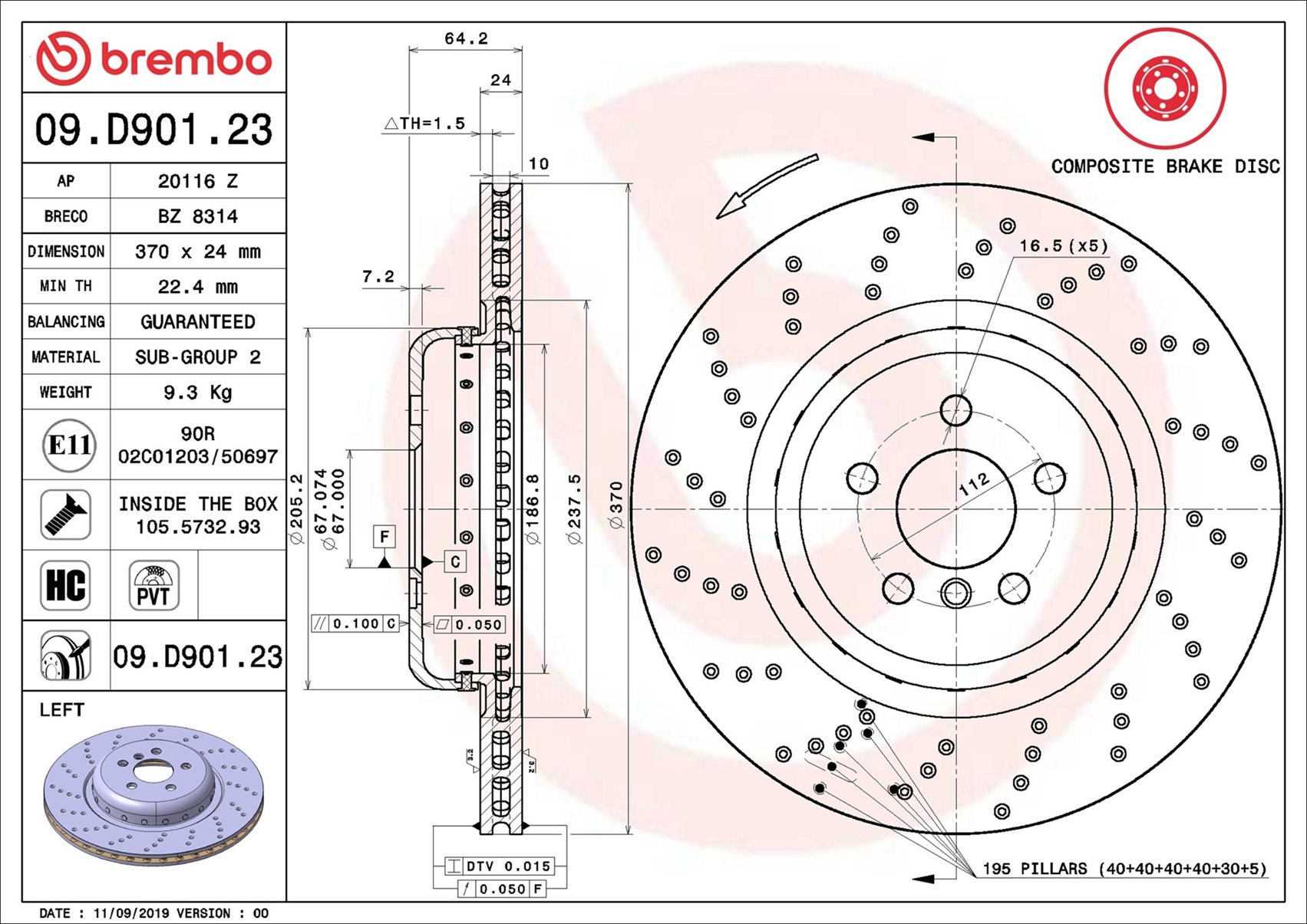 BREMBO Bremseskive 09.D901.23 370mm 24mm for BMW