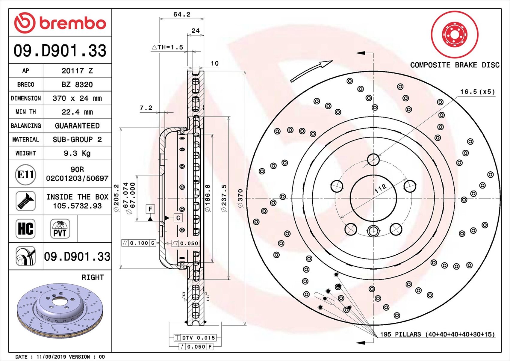 BREMBO Bremseskive 09.D901.33 370mm 24mm for BMW