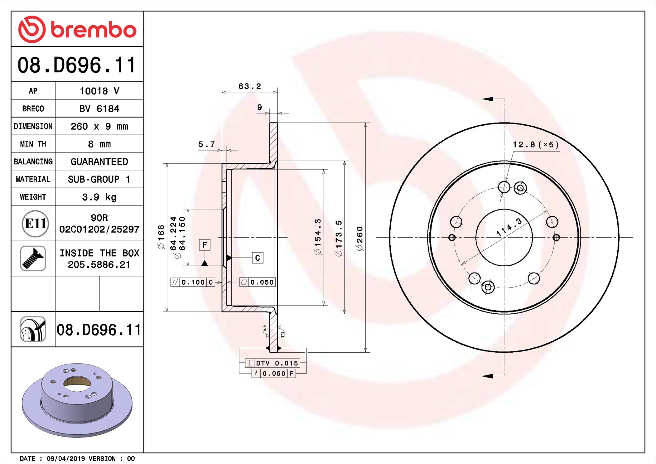 BREMBO Bremseskive 08d69611 260mm 9mm for HONDA