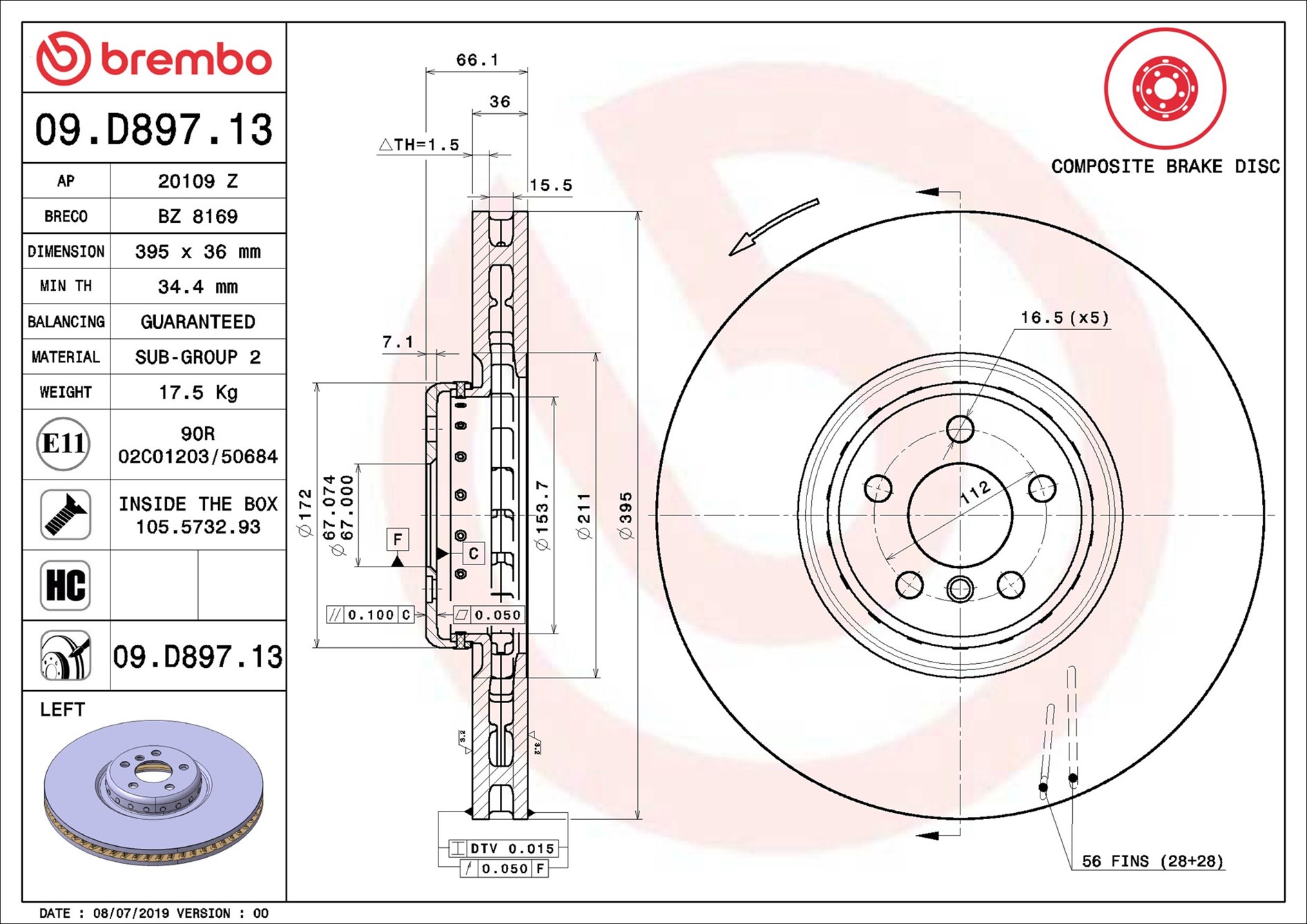 BREMBO Bremseskive 09.D897.13 395mm 36mm for BMW BMW (BRILLIANCE)