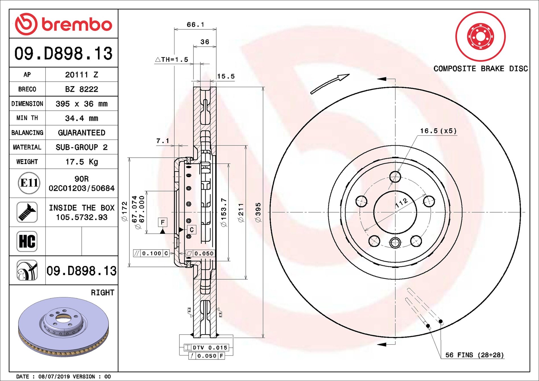 BREMBO Bremseskive 09.D898.13 395mm 36mm for BMW (BRILLIANCE) ROLLS-ROYCE