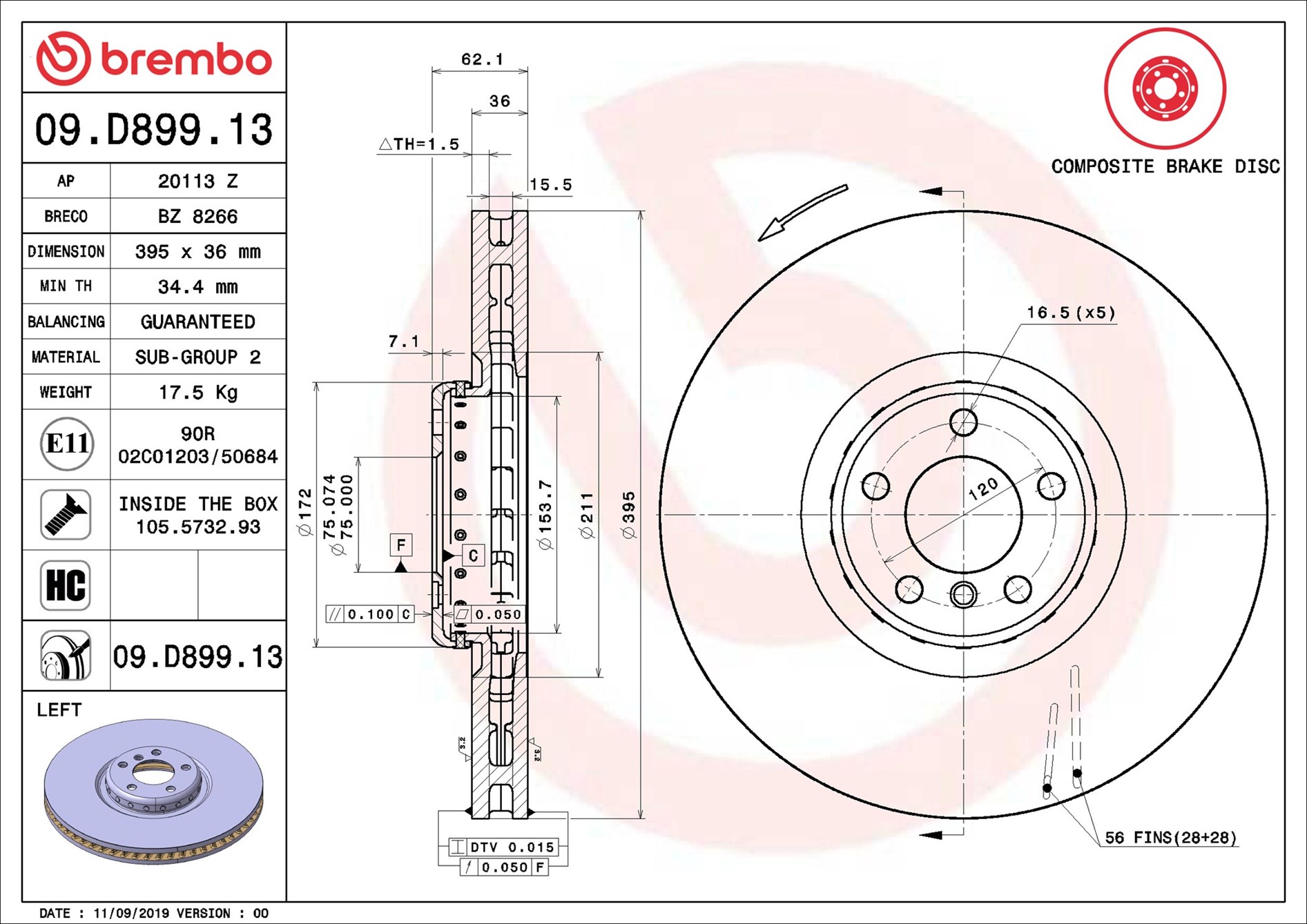 BREMBO Bremseskive 09.D899.13 395mm 36mm for BMW