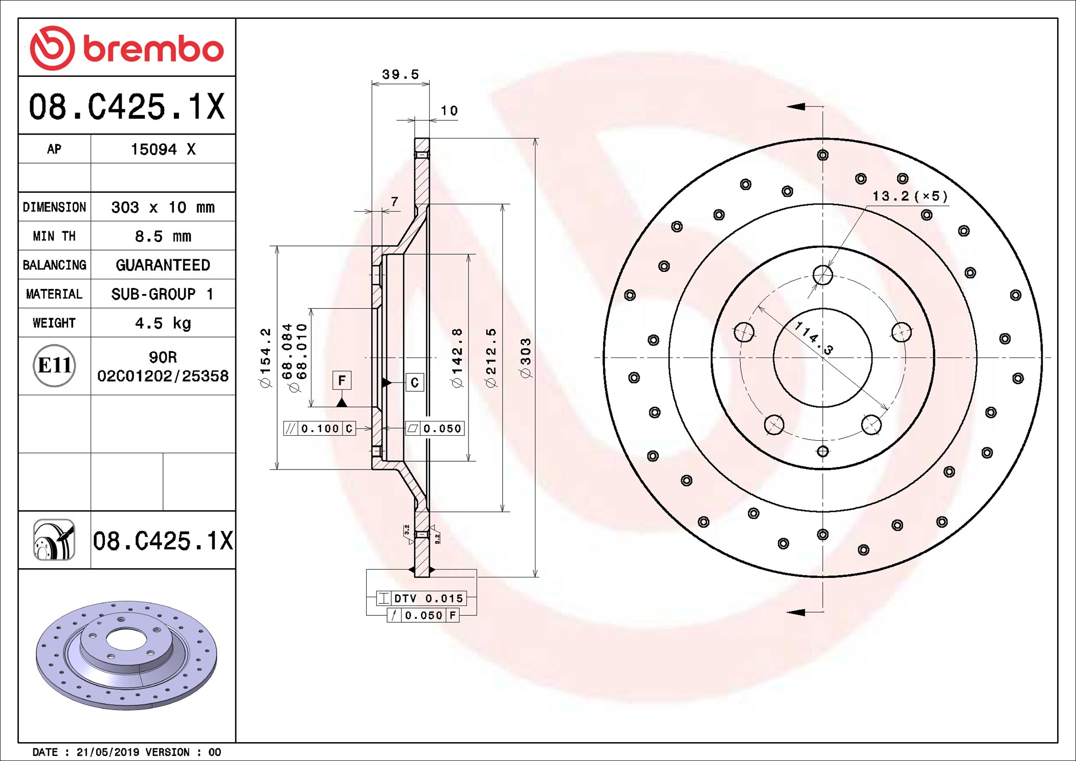 BREMBO Bremseskive 08c4251x perforeret 303mm 10mm for MAZDA MAZDA (CHANGAN) HONGQI