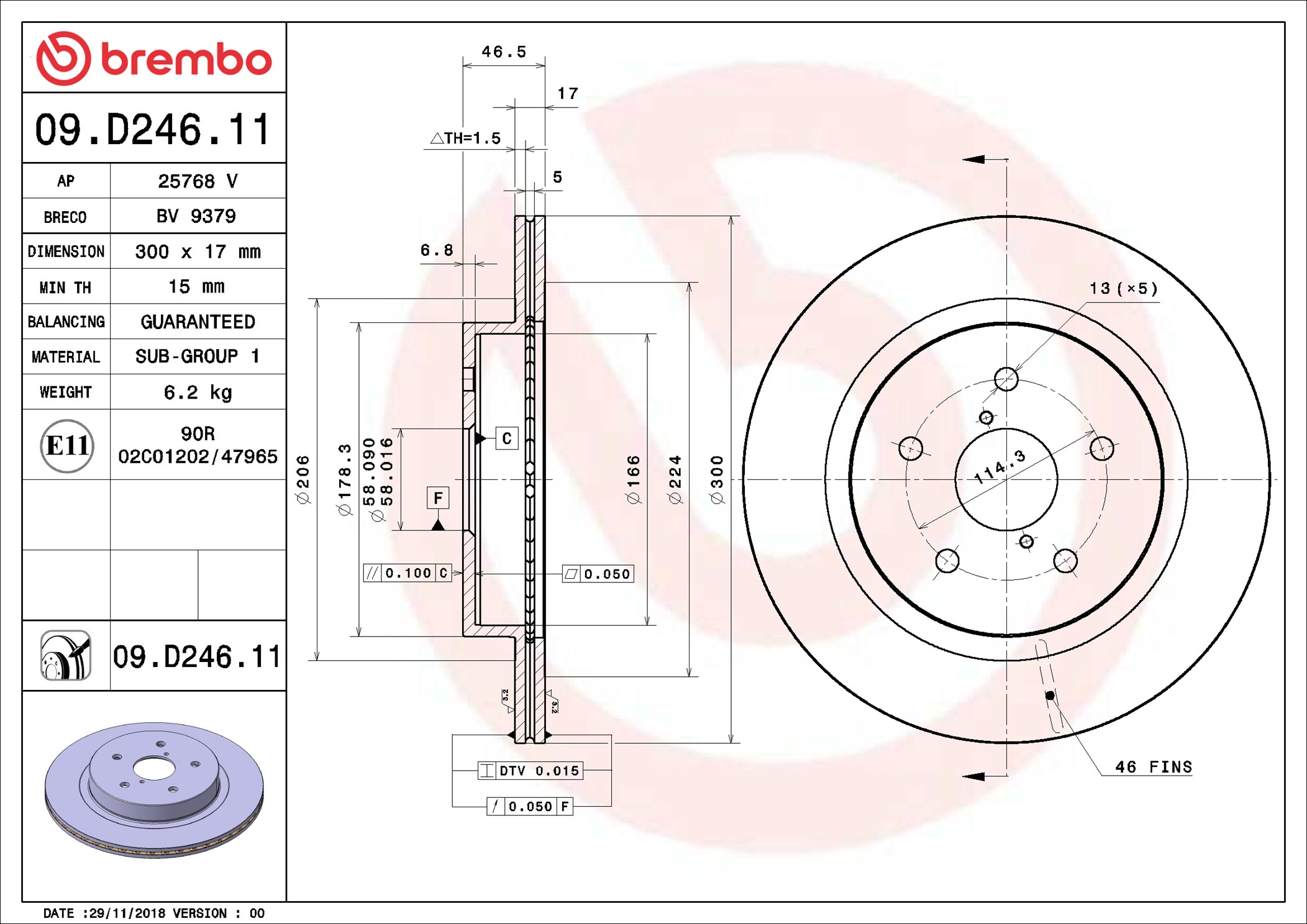 BREMBO Bremseskive 09d24611 300mm 17mm for SUBARU