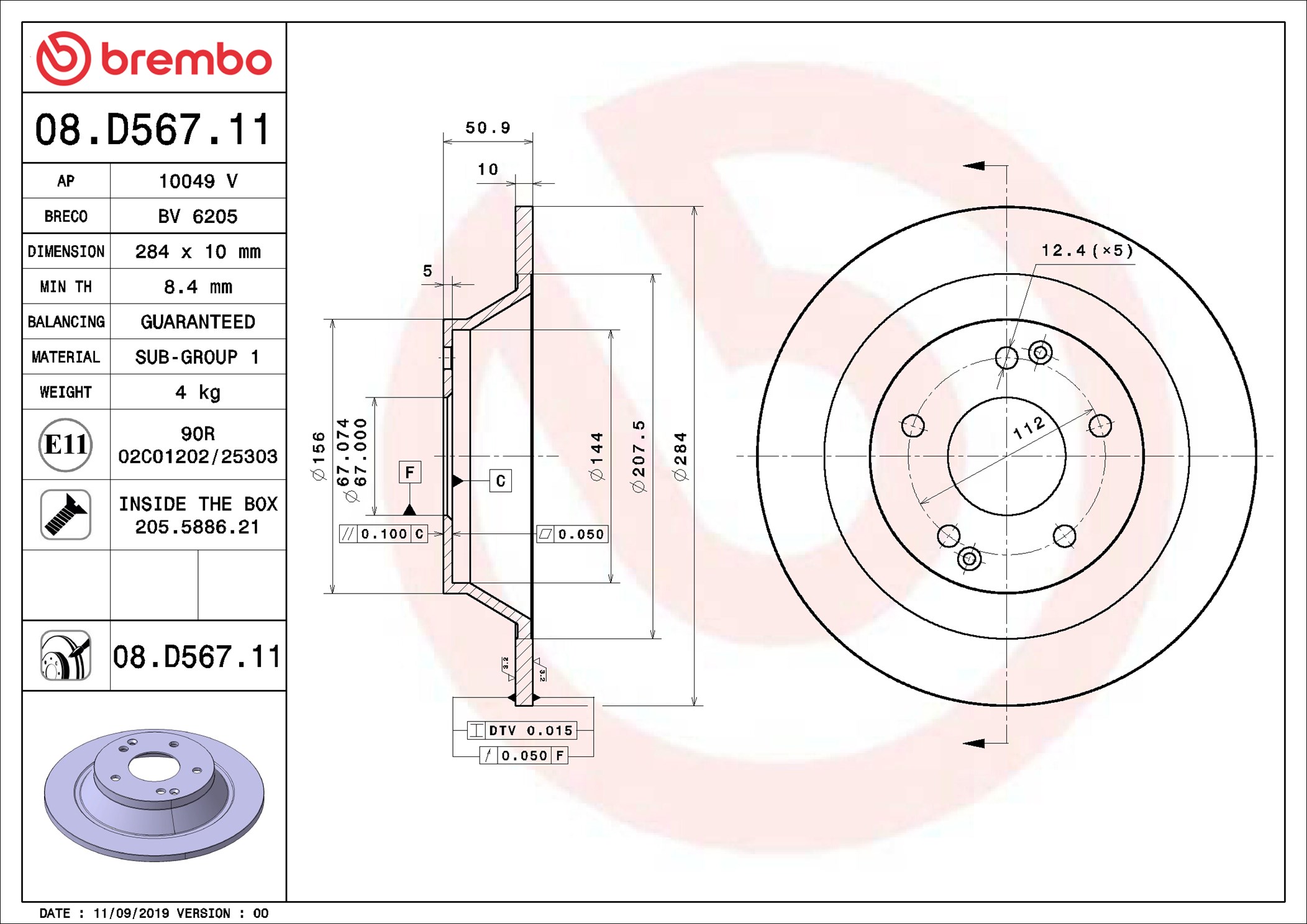 BREMBO Bremseskive 08.D567.11 284mm 10mm for SSANGYONG