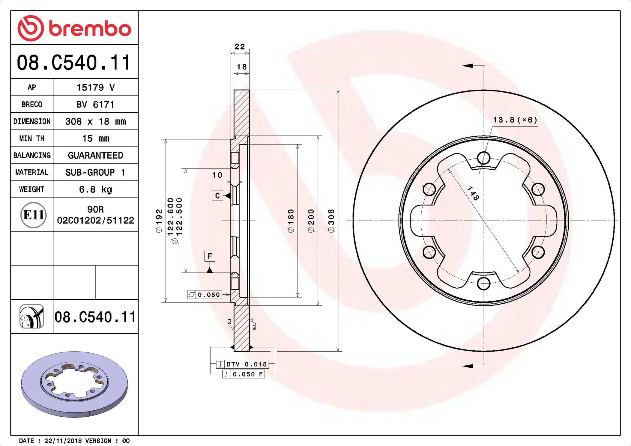 BREMBO Bremseskive 08c54011 308mm 18mm for FORD