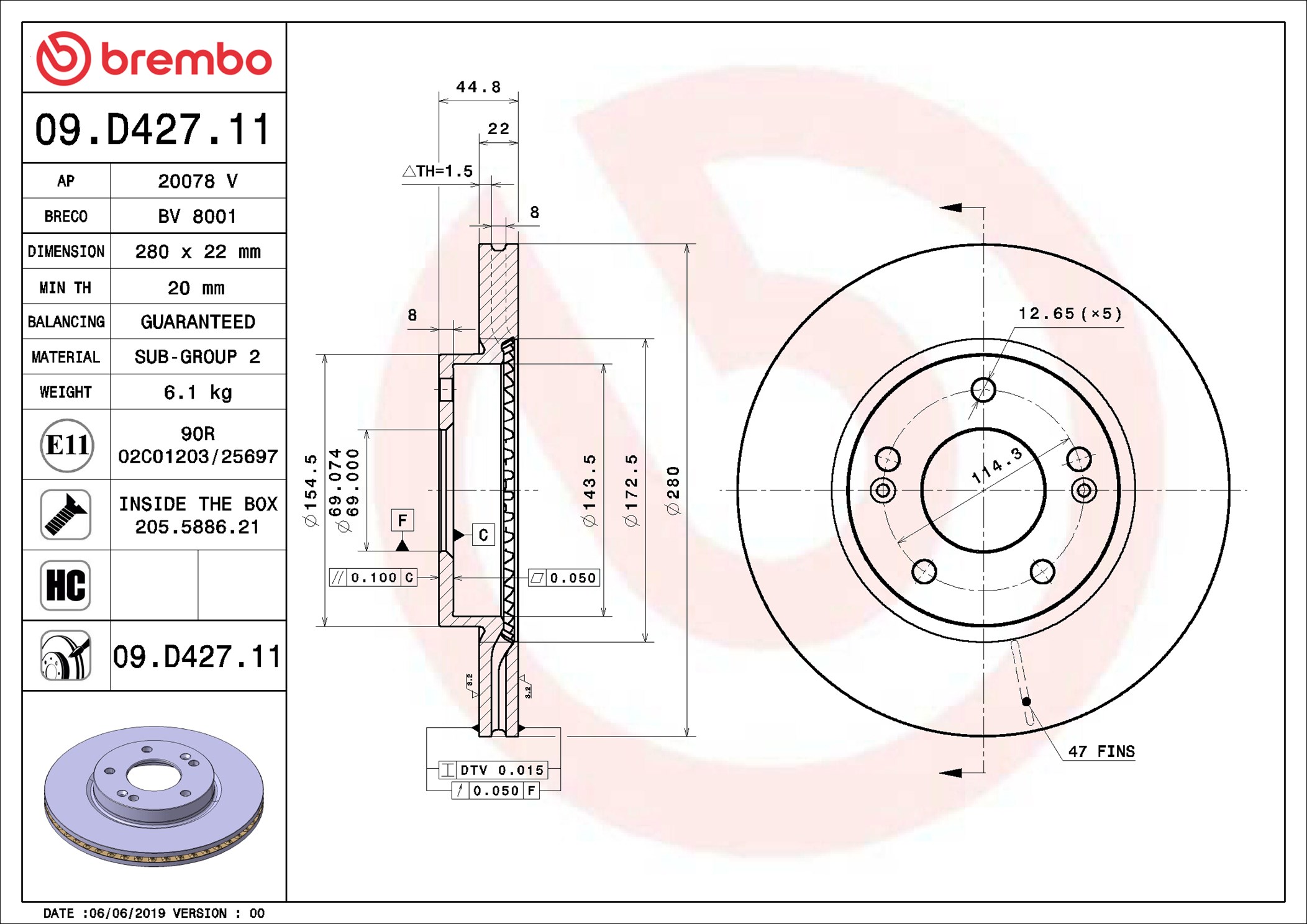 BREMBO Bremseskive 09d42711 280mm 22mm for KIA