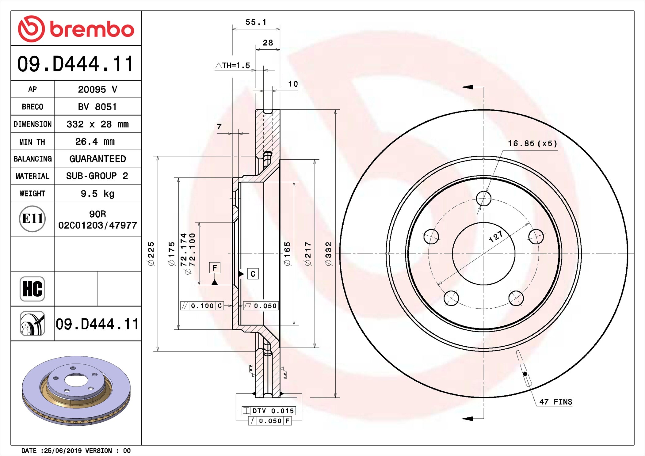 BREMBO Bremseskive 09d44411 332mm 28mm for JEEP